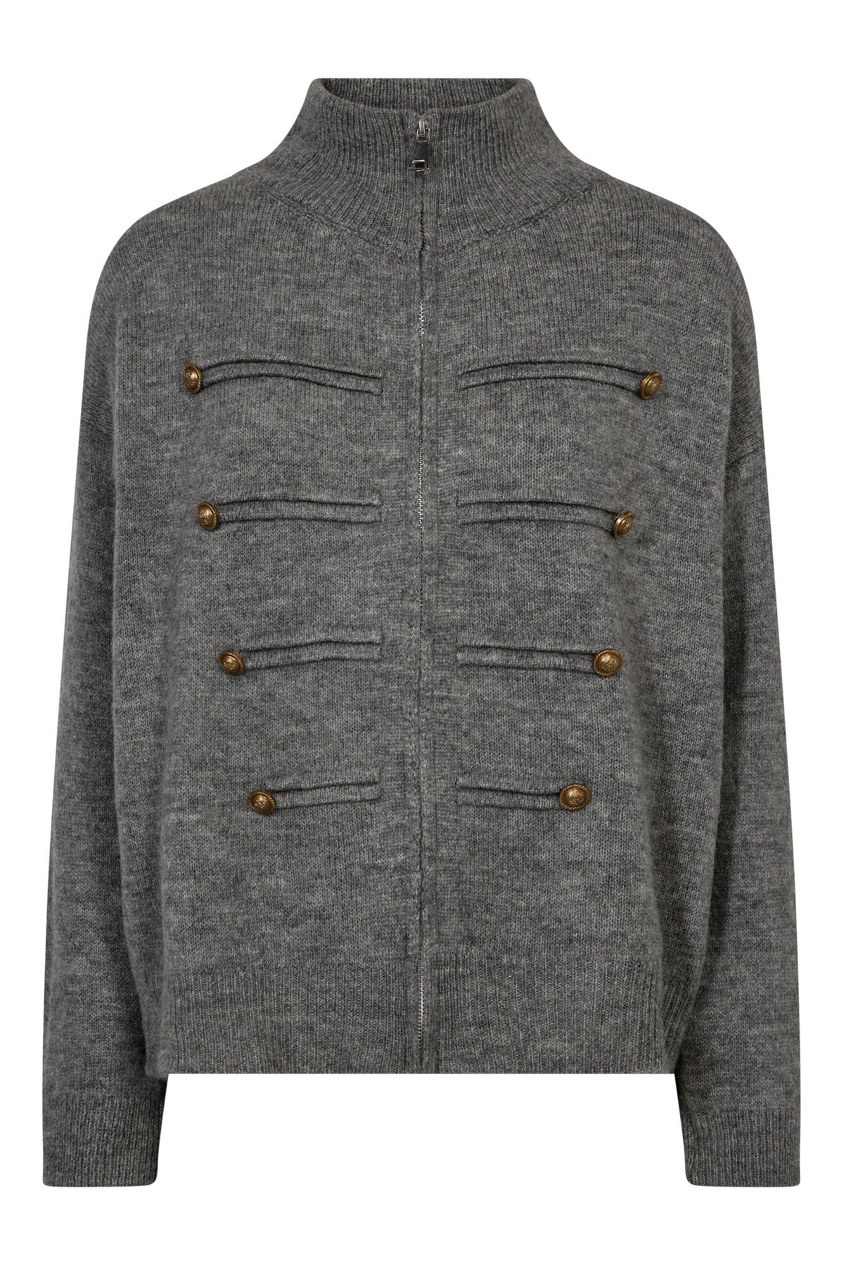Strikket cardigan med lynlås og dekorative knapper