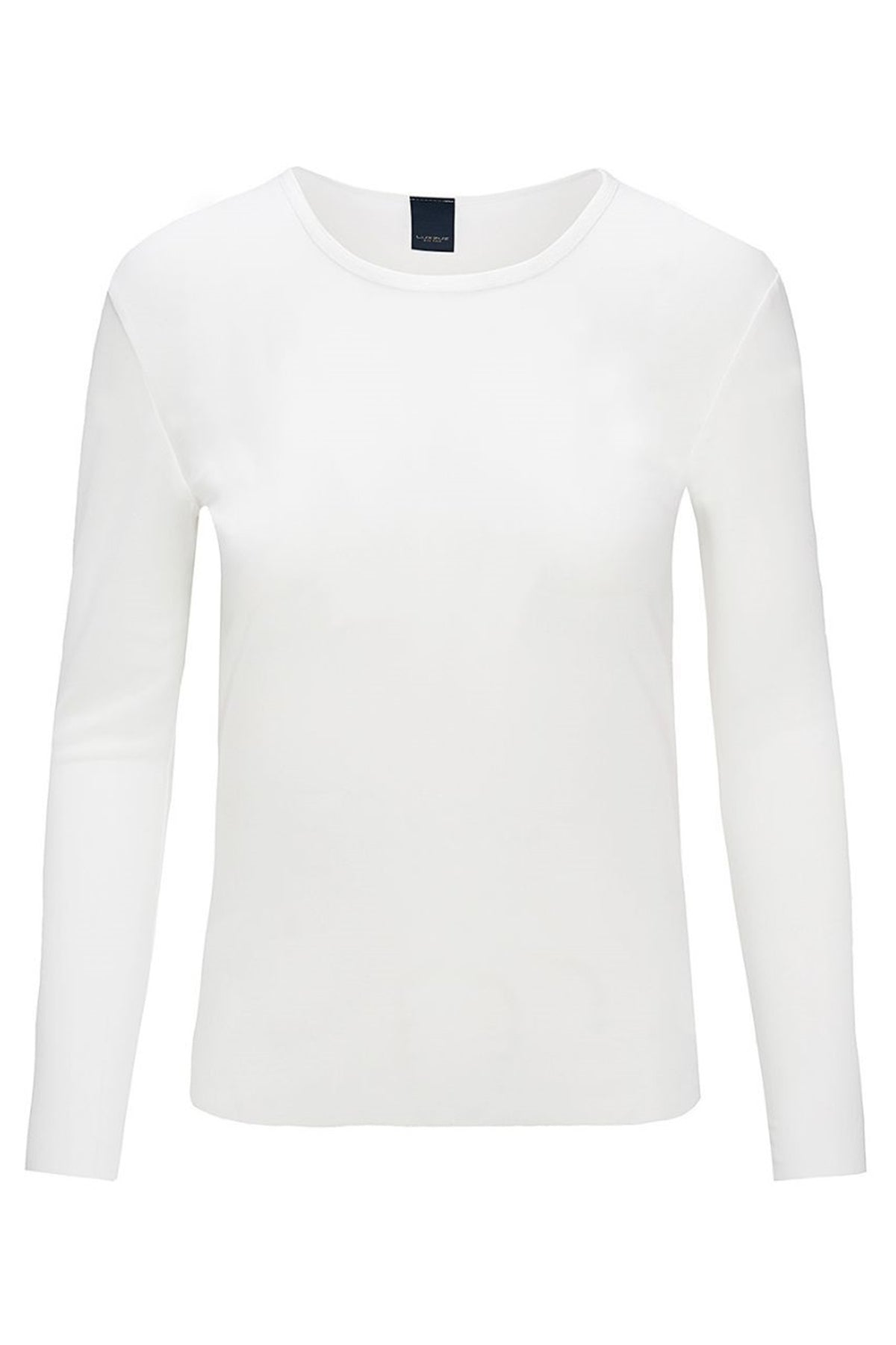 Hvid T-SHIRT L/Æ i let mesh med rund hals og enkelt, figursyet snit.