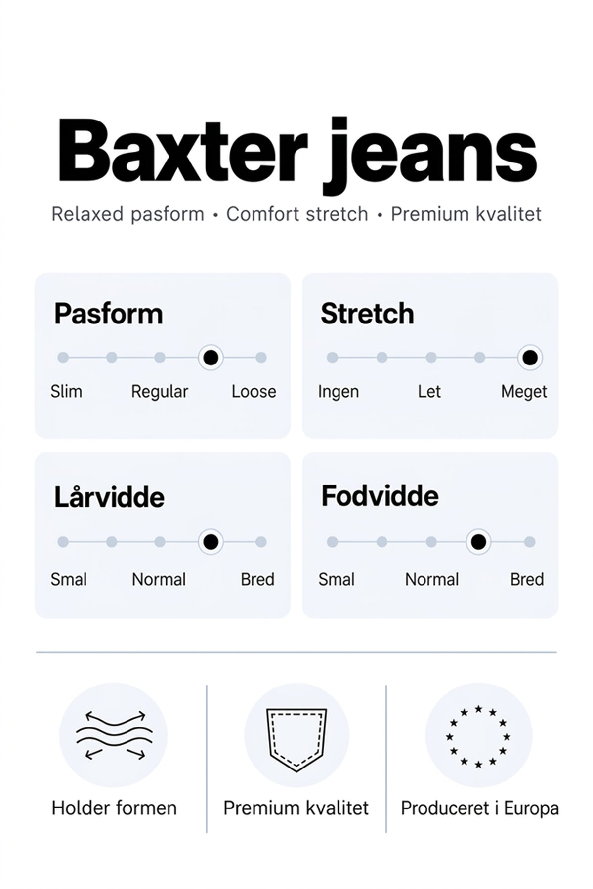Baxter-jeans med afslappet pasform, ekstra stræk, høj komfort og europæisk produktion vist på produktkort.
