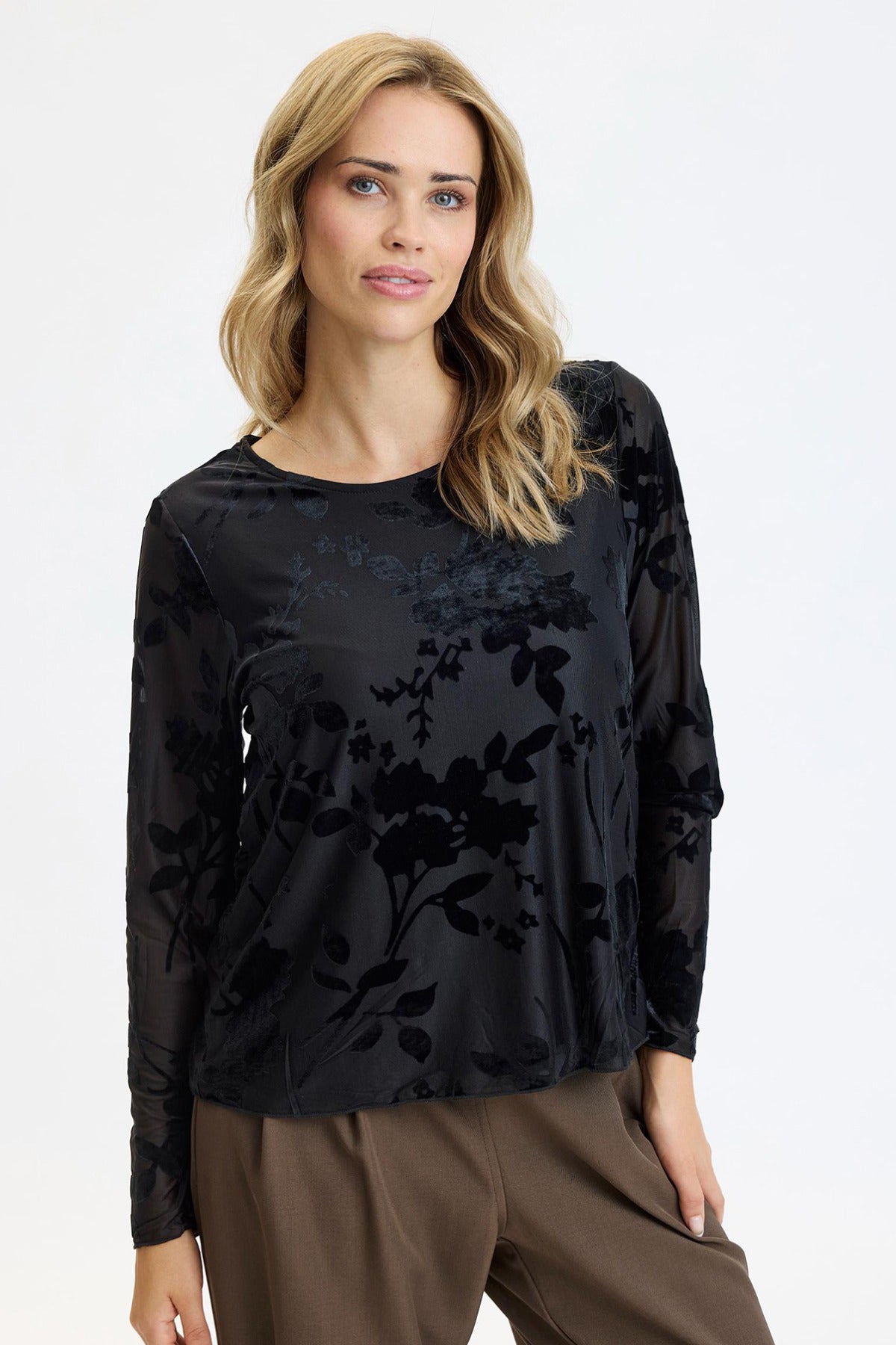 Natalie - Langærmet meshbluse med velourmønster