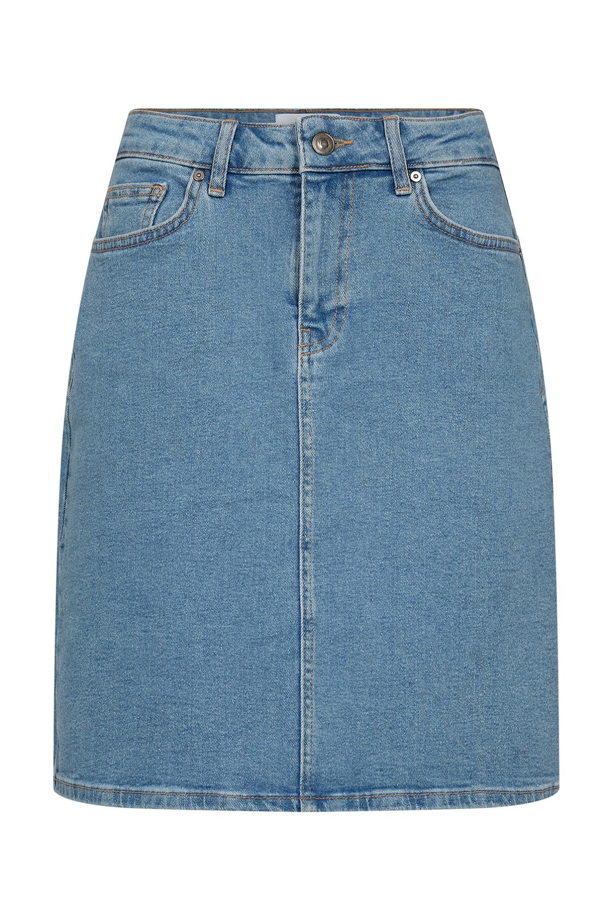Mellemblå denimnederdel med lige snit og klassisk 5-lomme-design.