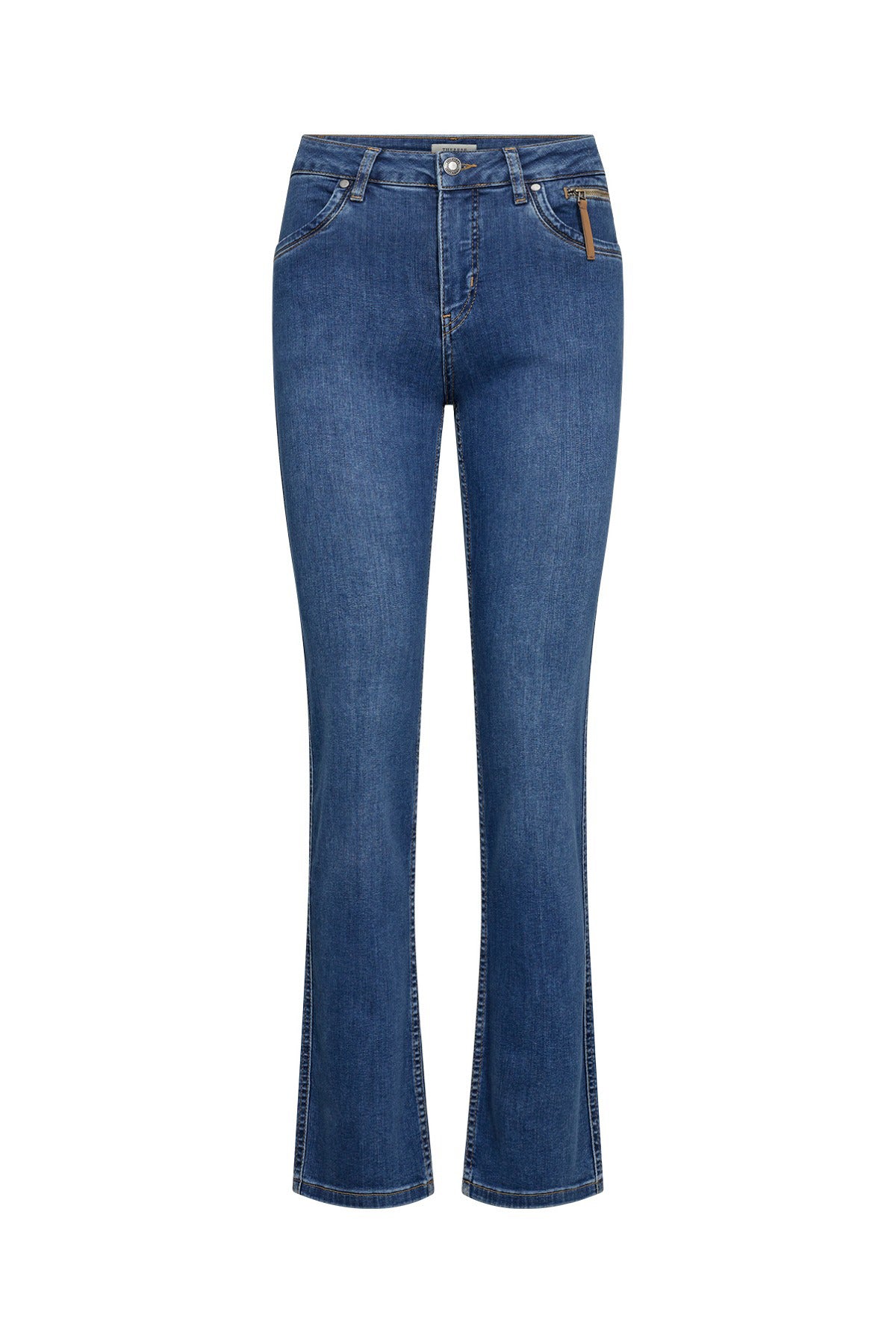 Blå stonewashed flared jeans med stræk og klassiske lommer.
