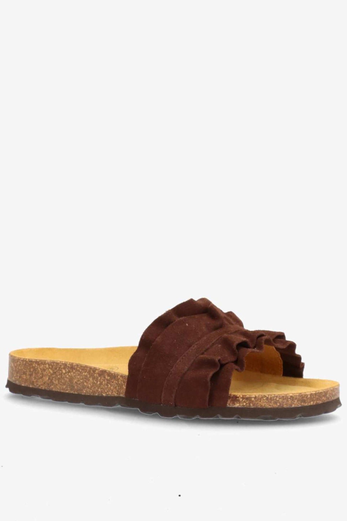 Brune slip-in sandaler i ruskind med flæsekant og korksål.