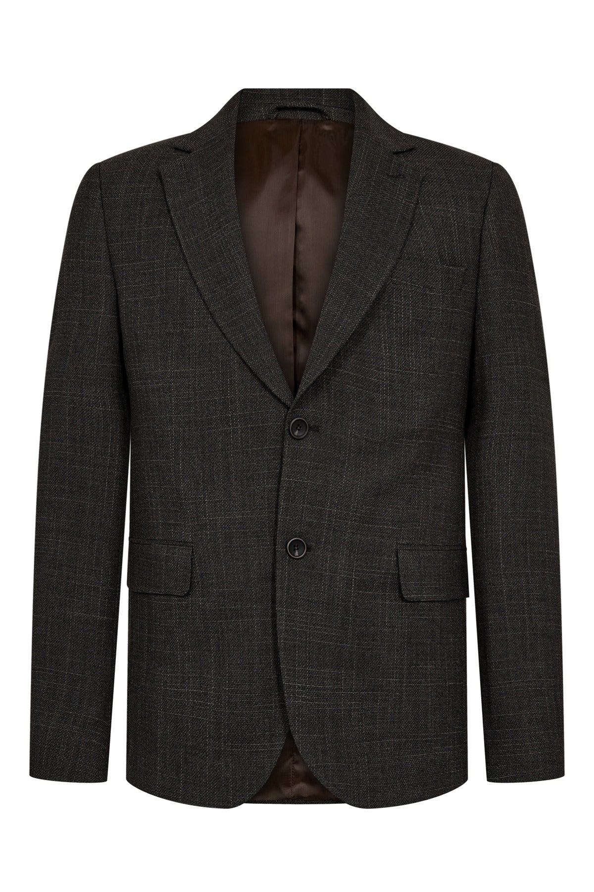 Mørkebrunt uldblandet blazer med klassisk pasform og to knapper foran.