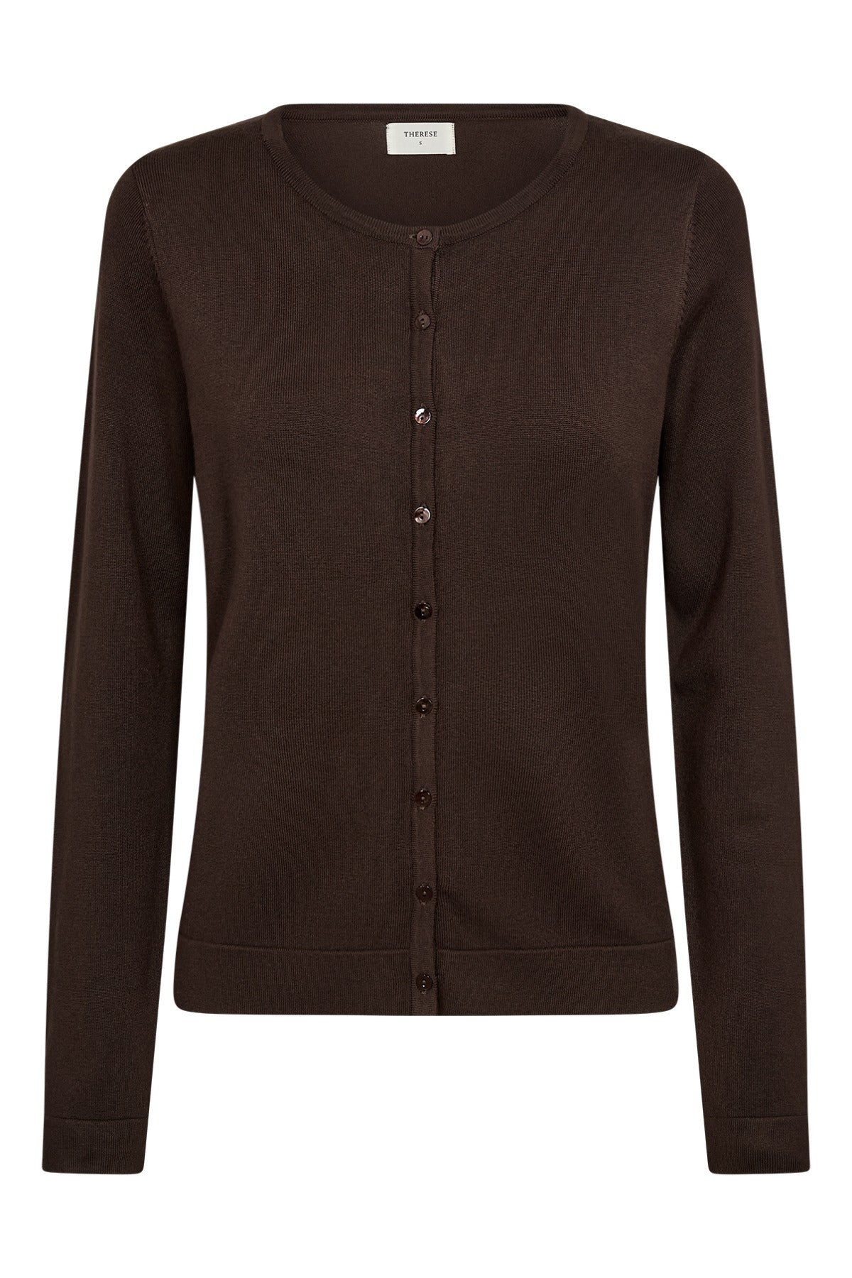 Chocolate brown klassisk let cardigan med knapper og rund hals i blød strik.