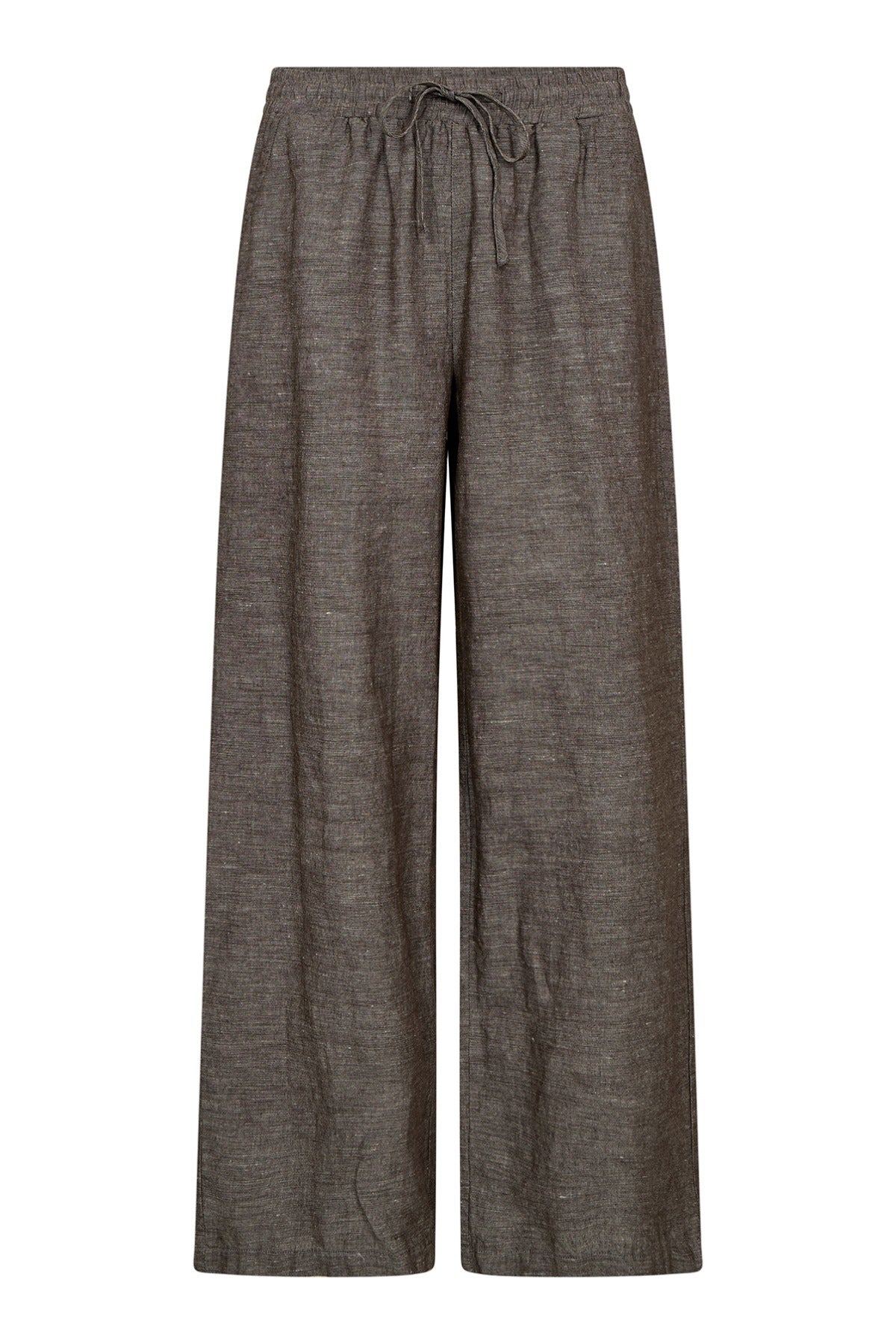 Brune hørbukser med bindebånd og brede ben, let struktur i stoffet.