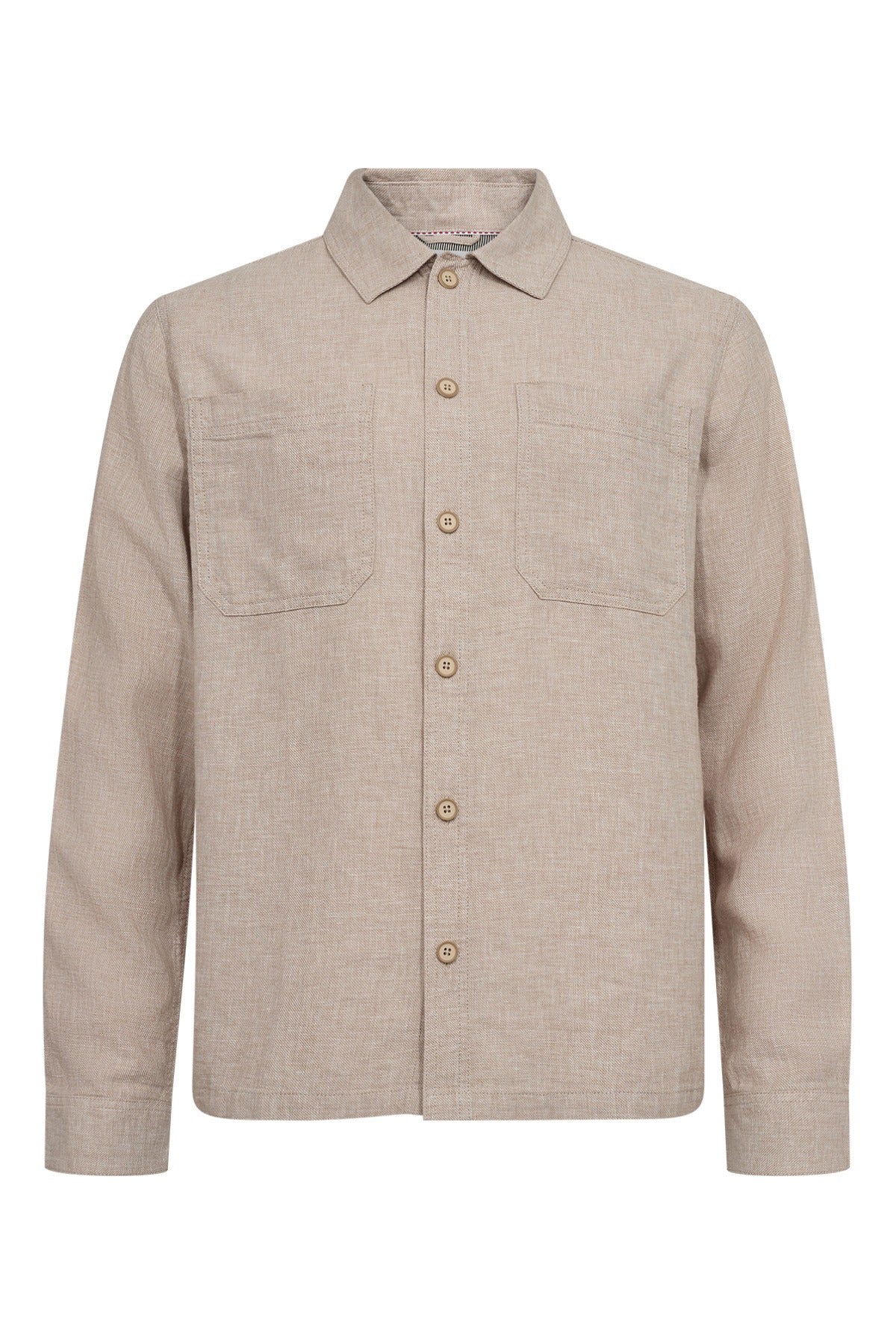 Langærmet hørskjorte i beige med to brystlommer og knapper foran.
