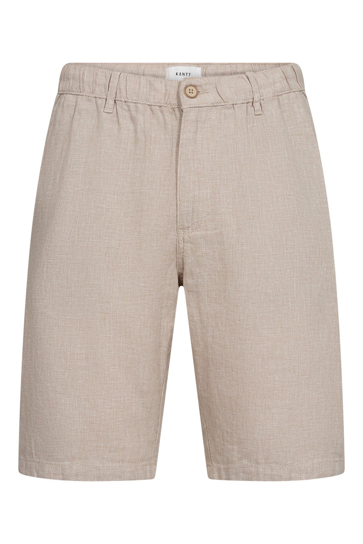 Lyse linnedshorts med elastik i taljen og knaplukning foran.