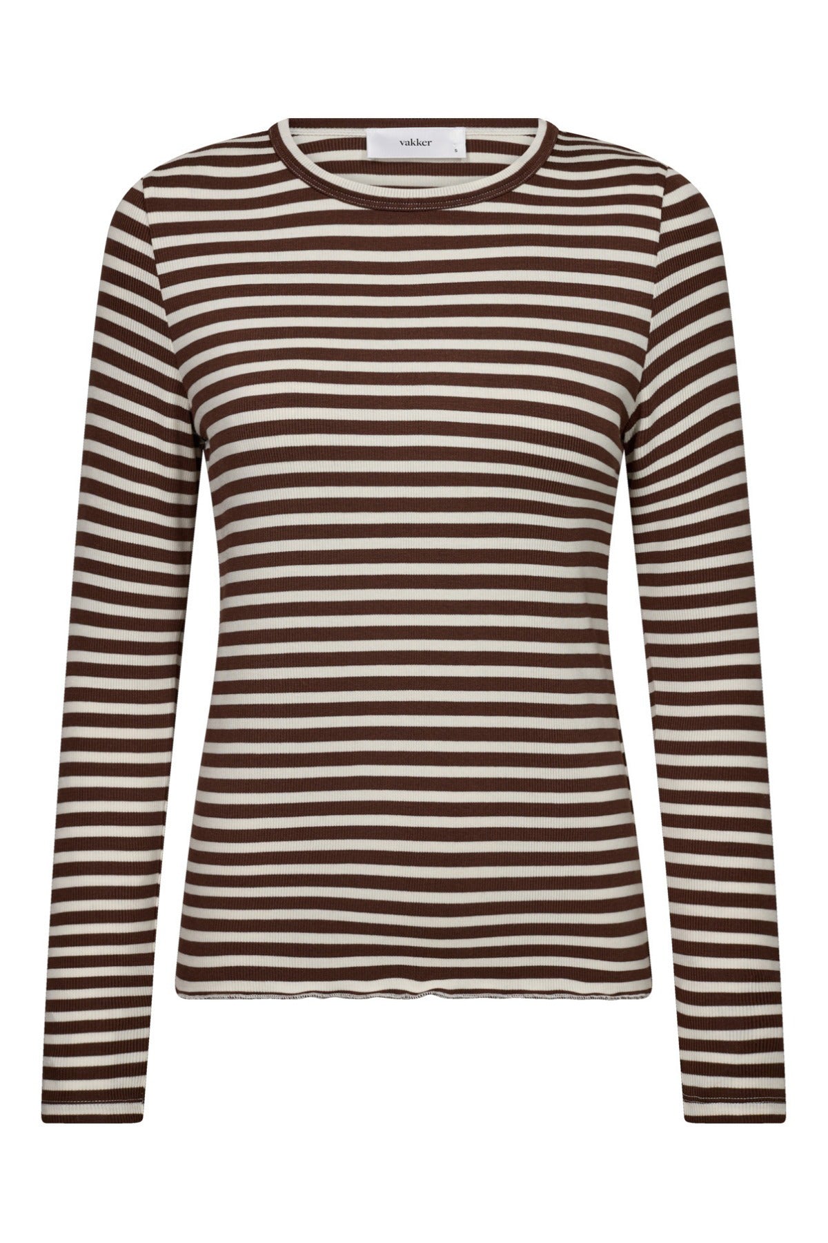 Brun og hvid stribet langærmet t-shirt med rund hals og tætsiddende pasform.