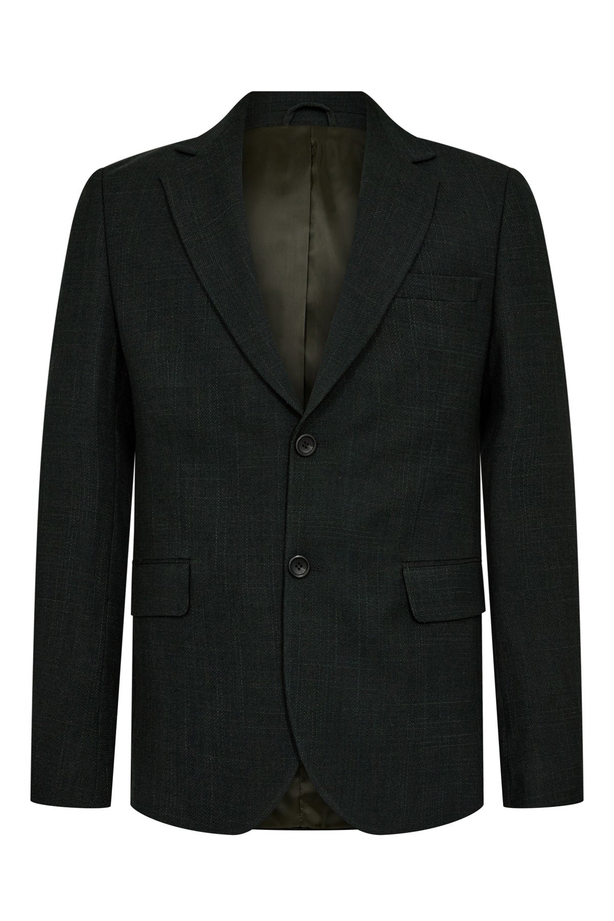 Tidløs mørkegrøn uldblandet blazer med to knapper og klassiske revers.