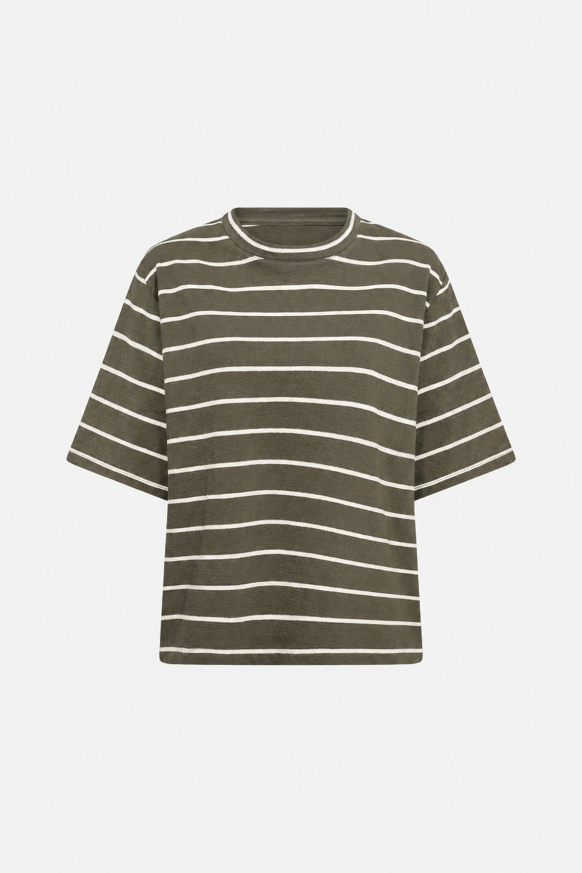 Kortærmet t-shirt i bomuld med grønne og hvide horisontale striber.