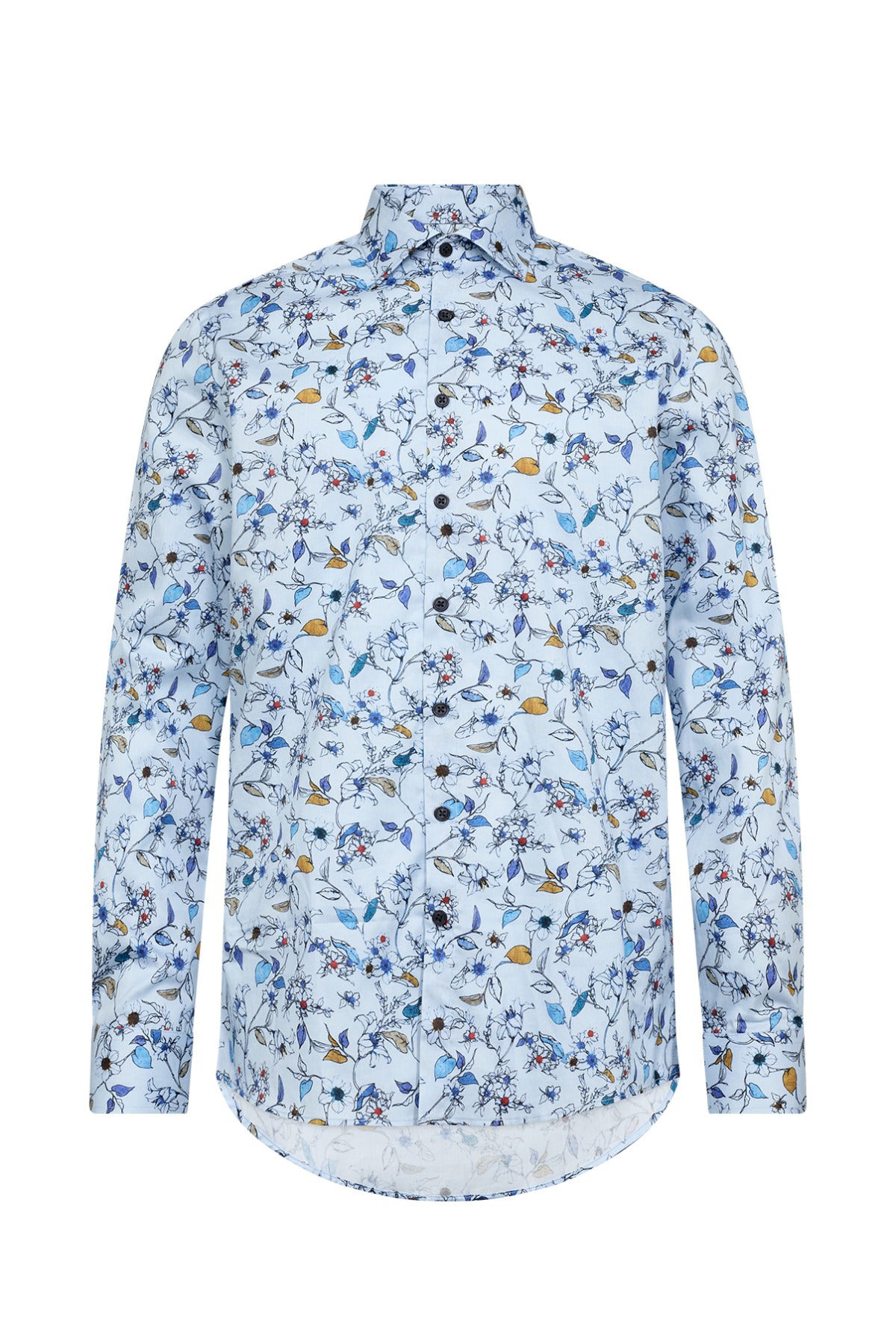 Lyseblå skjorte med blomsterprint, lange ærmer og knaplukning foran.