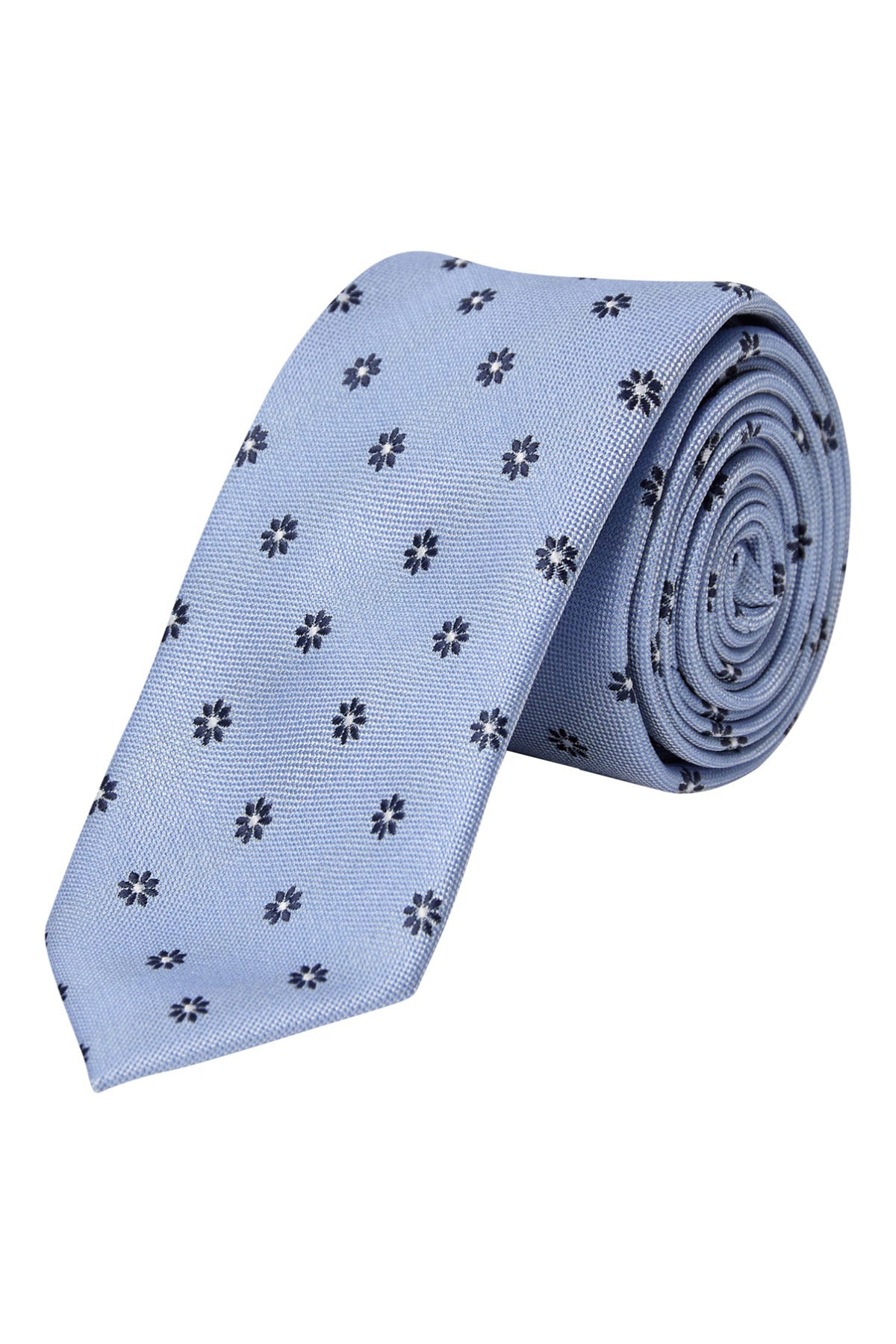 Lyseblåt slips med små mørkeblå og hvide blomsterprint, silkelignende stof, onesize.