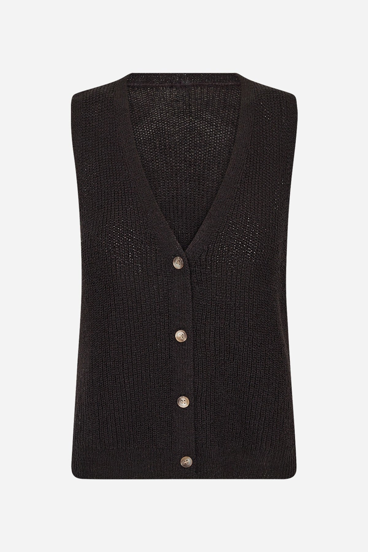 Sort strikket vest med V-hals og knapper foran i klassisk design.