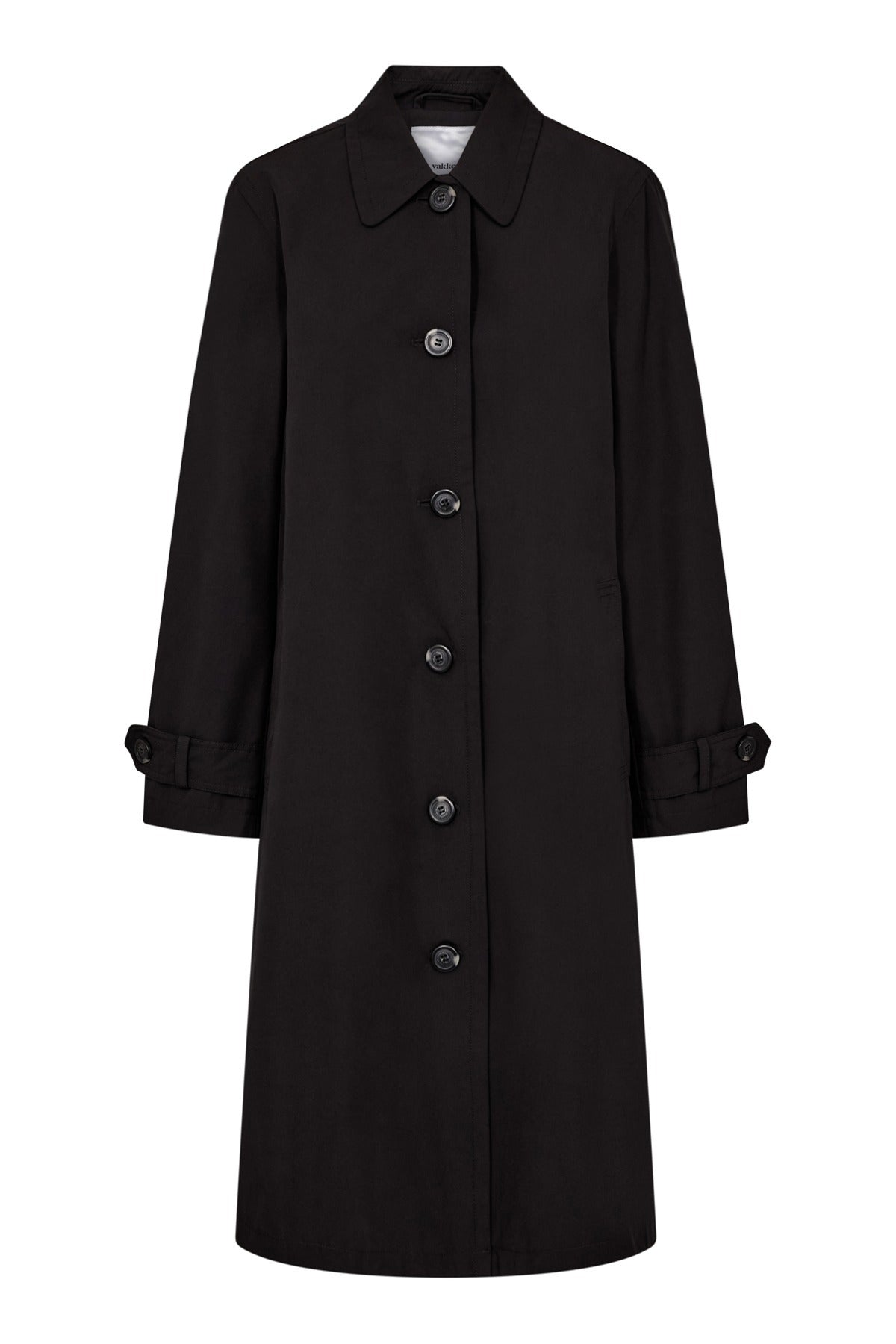 Sort oversize trenchcoat med knaplukning og lommer, lange ærmer med stropdetaljer.