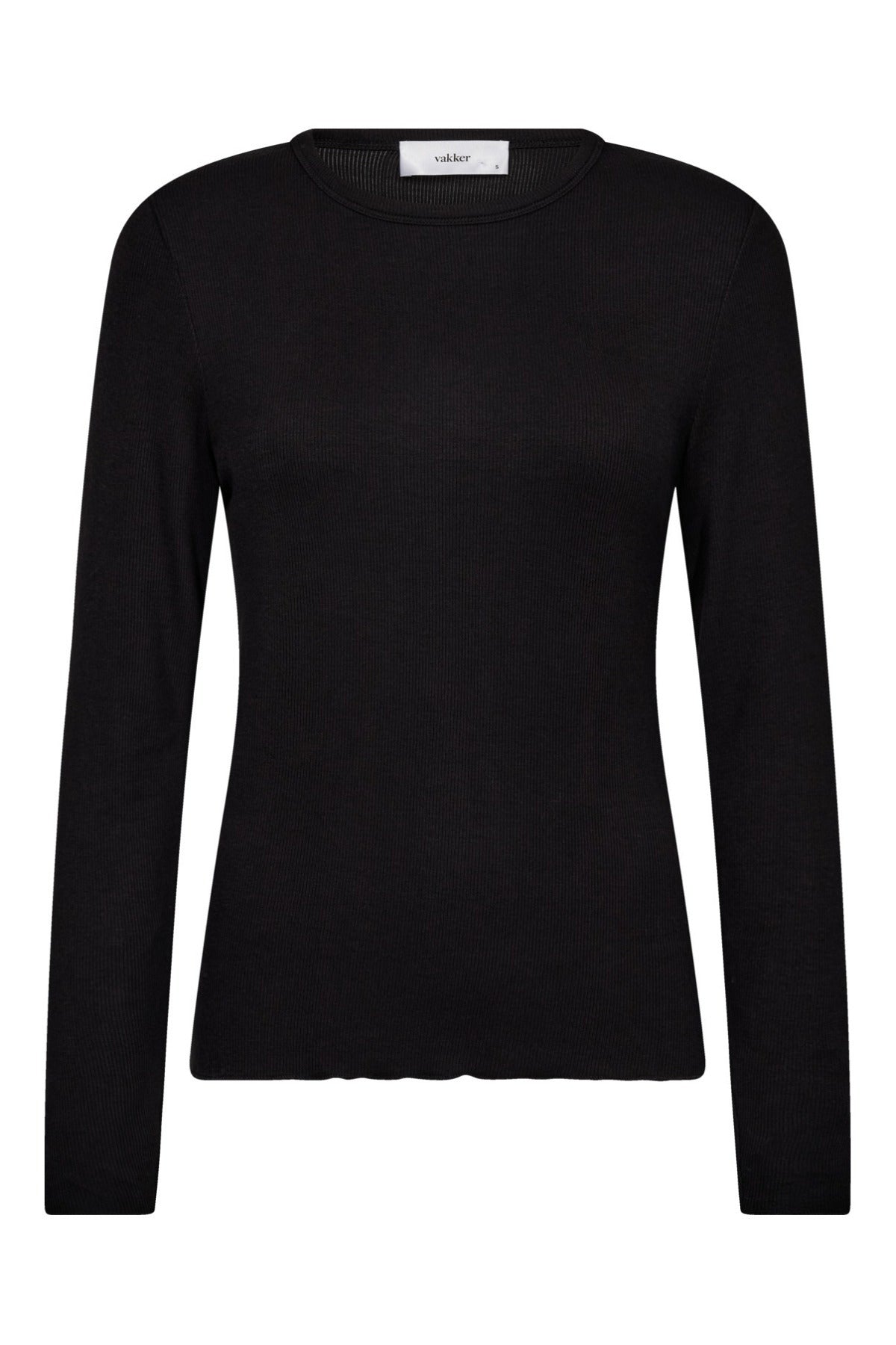 Sort blød langærmet t-shirt med rund hals og tætsiddende pasform.