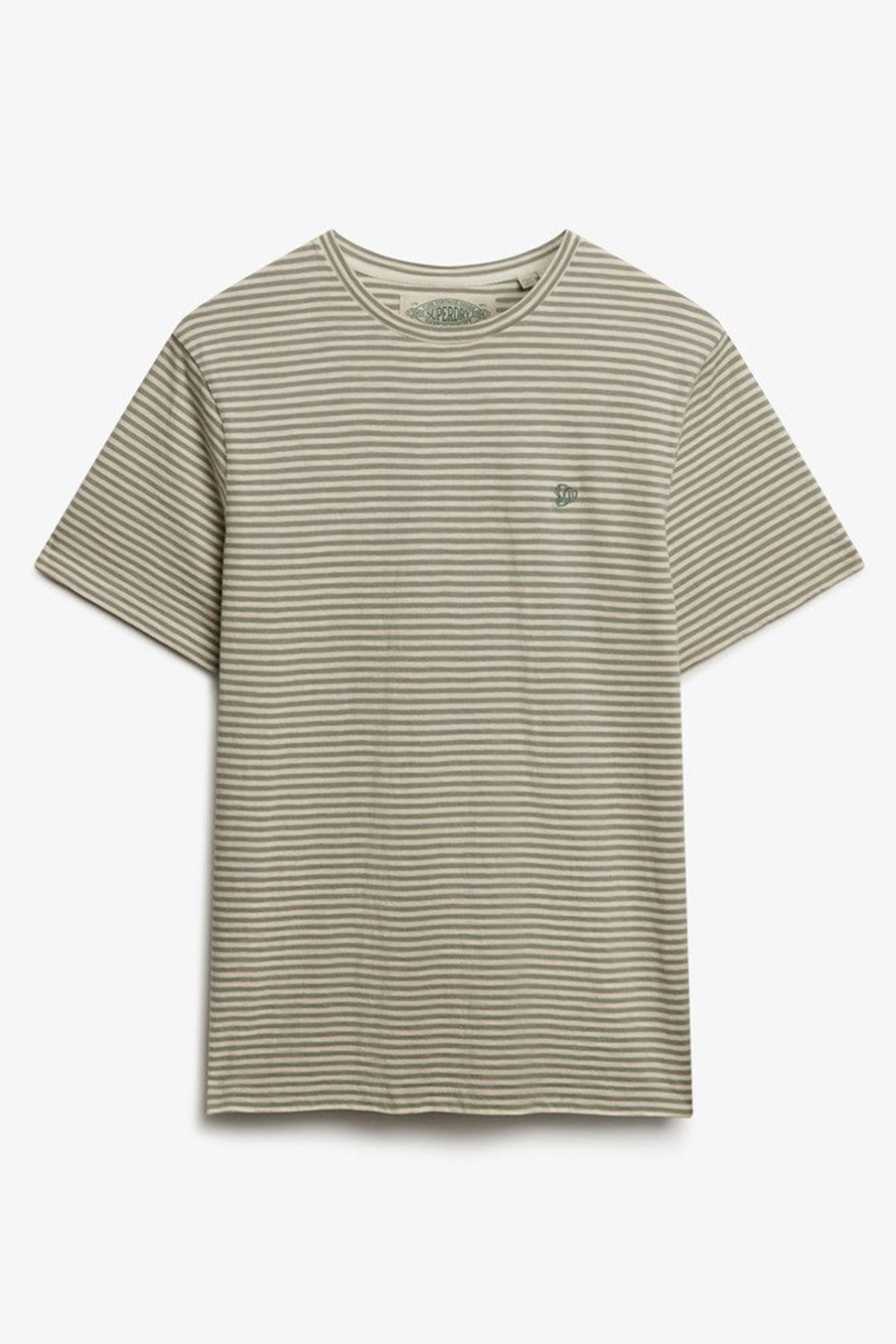 Beige t-shirt med hvide smalle striber og rund hals i klassisk snit.
