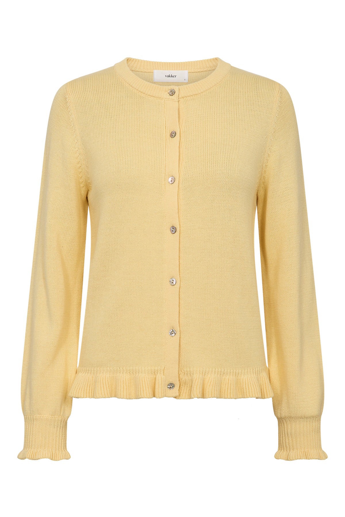 Lys gul letstrikket cardigan med rund hals, knapper foran og flæsekant nederst og ved ærmekanter.