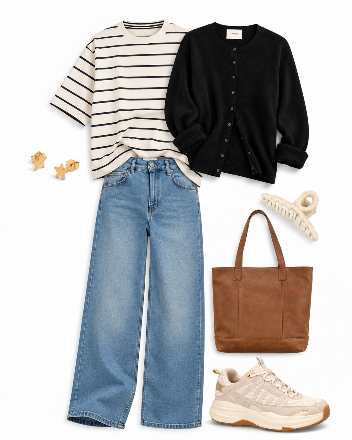 Fladlay med stribet T-shirt, sort cardigan, lyse jeans, hvide sneakers, brun skuldertaske og accessories til en alsidig hverdagsgarderobe.