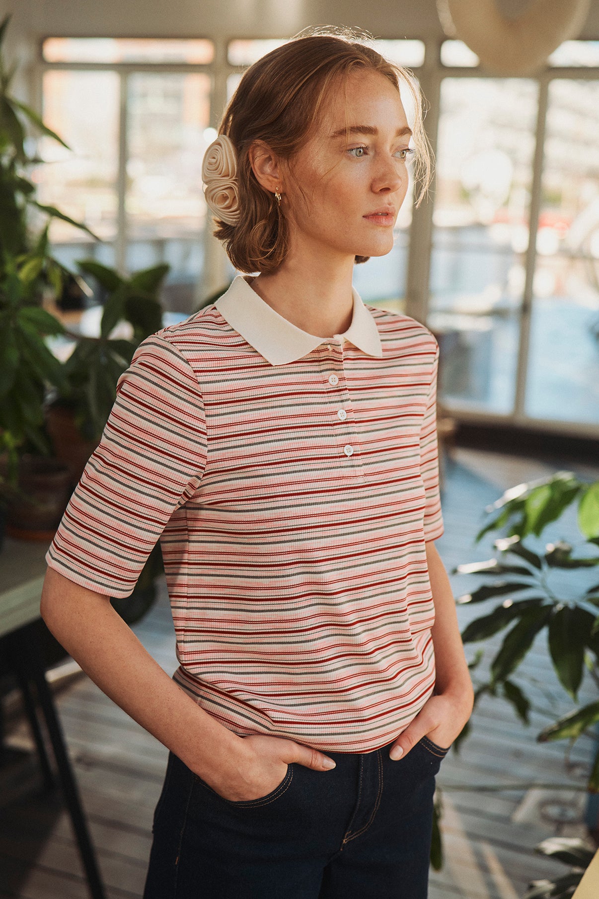 Fija - Stribet polo t-shirt i ribkvalitet