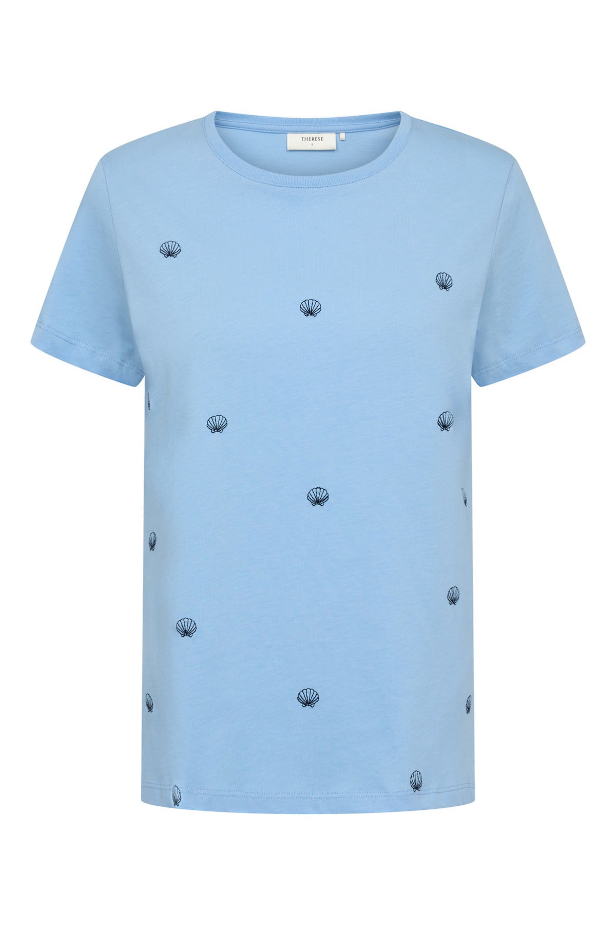 Blå bomulds t-shirt med korte ærmer og små, runde dekorative detaljer foran.
