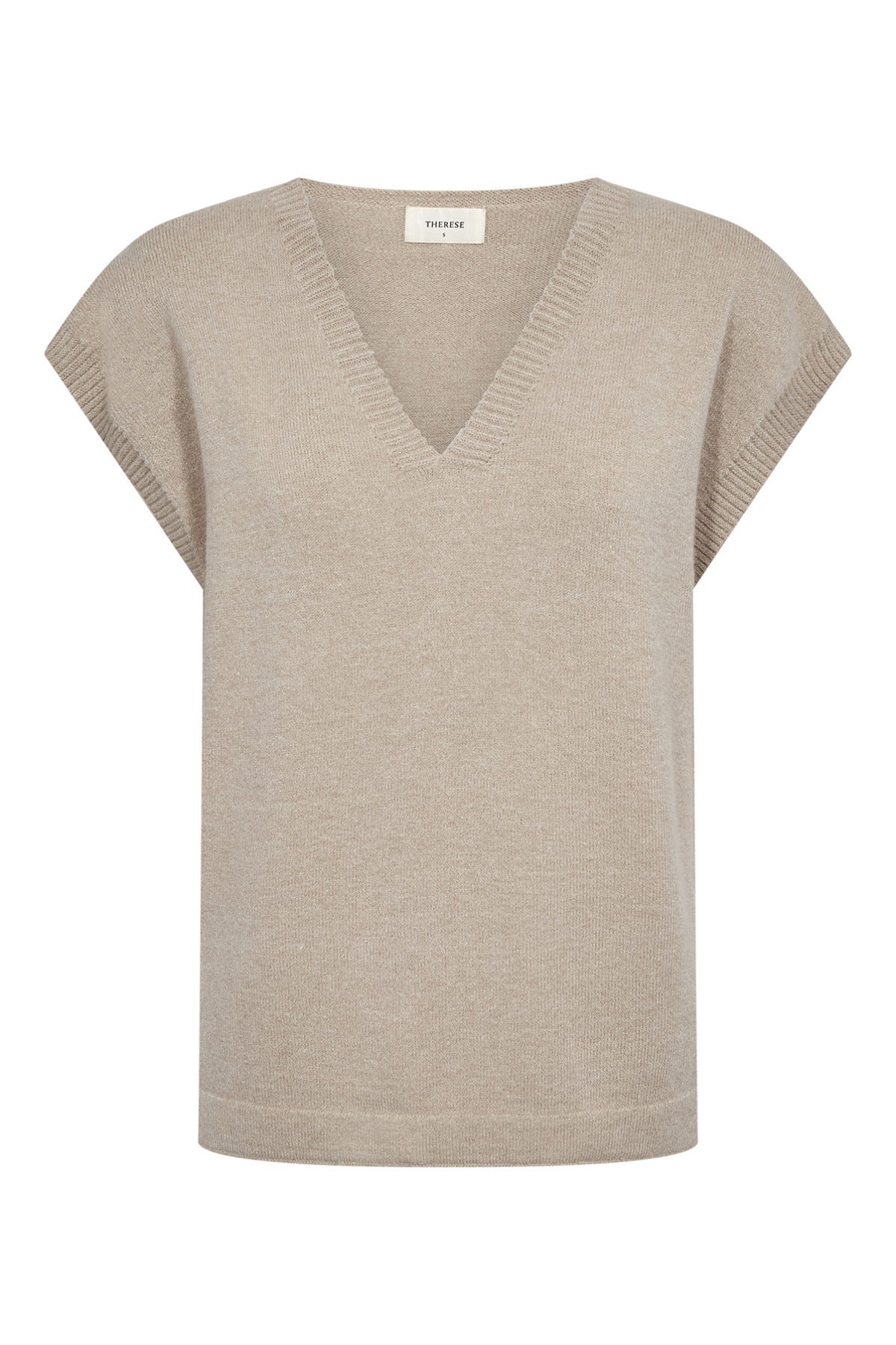 Kortærmet strikvest i lys beige cashmere med v-udskæring og ribdetaljer.