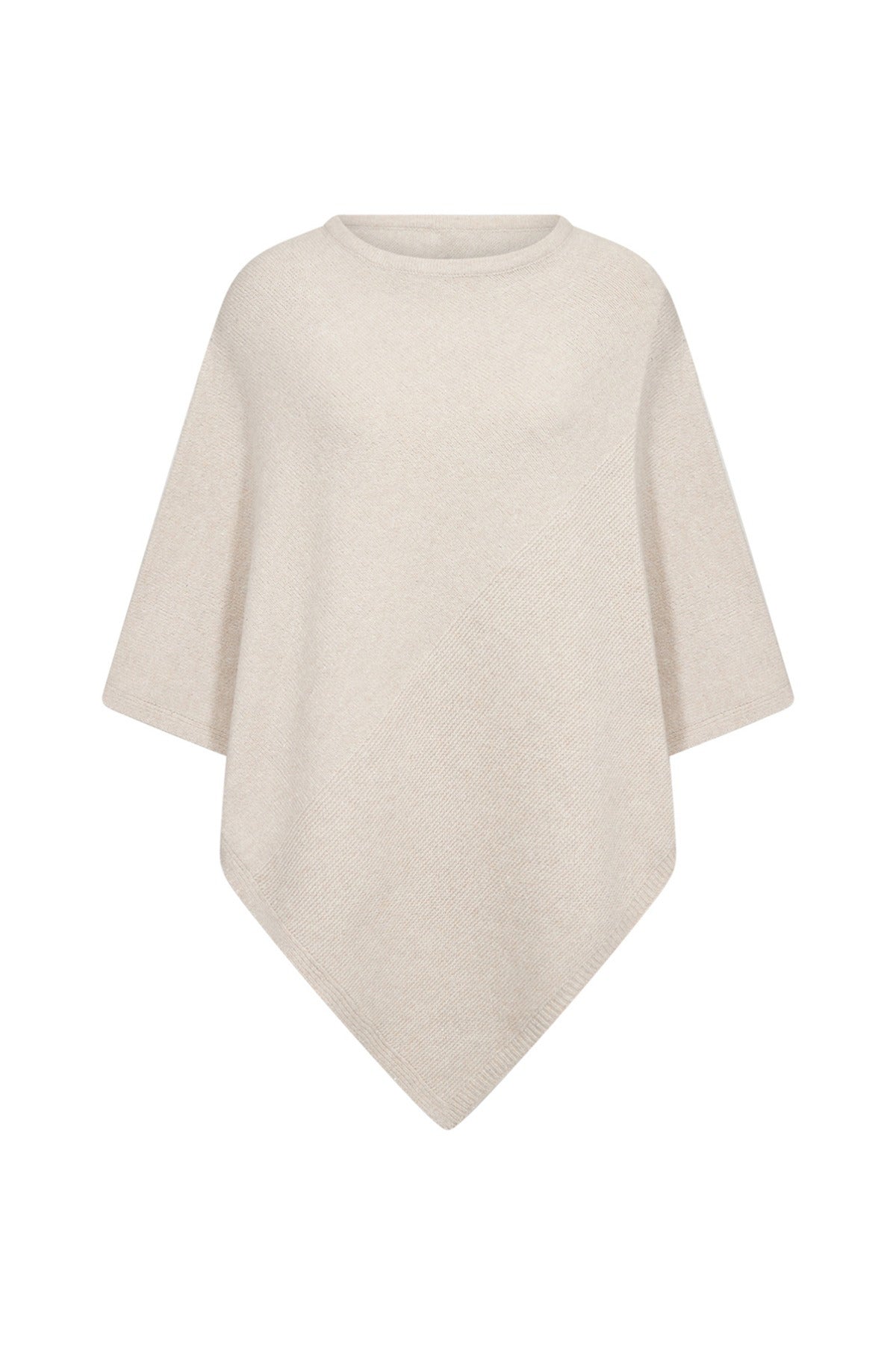 Lys beige poncho i uldblanding med korte, vide ærmer og spids kant forneden.