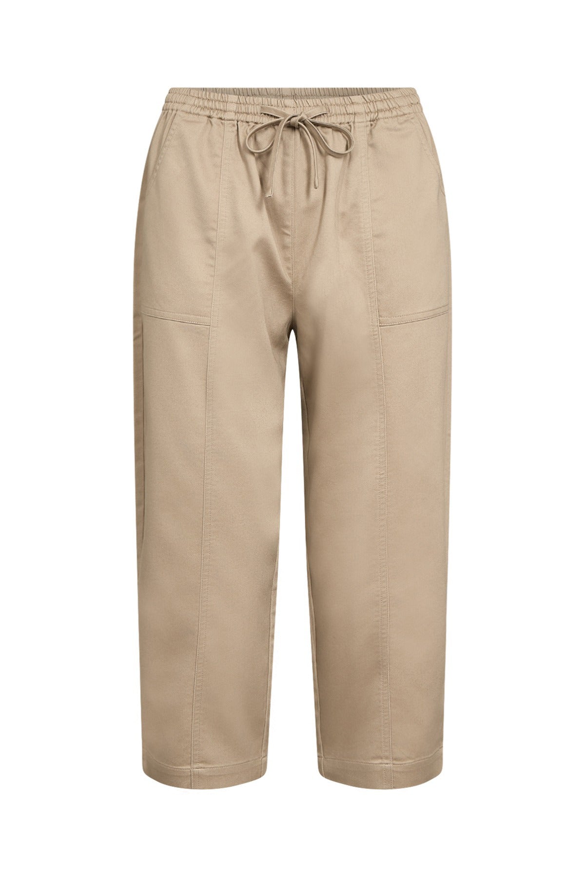 Beige capribukser med elastik og snøre i taljen, løstsiddende fit, to frontlommer.