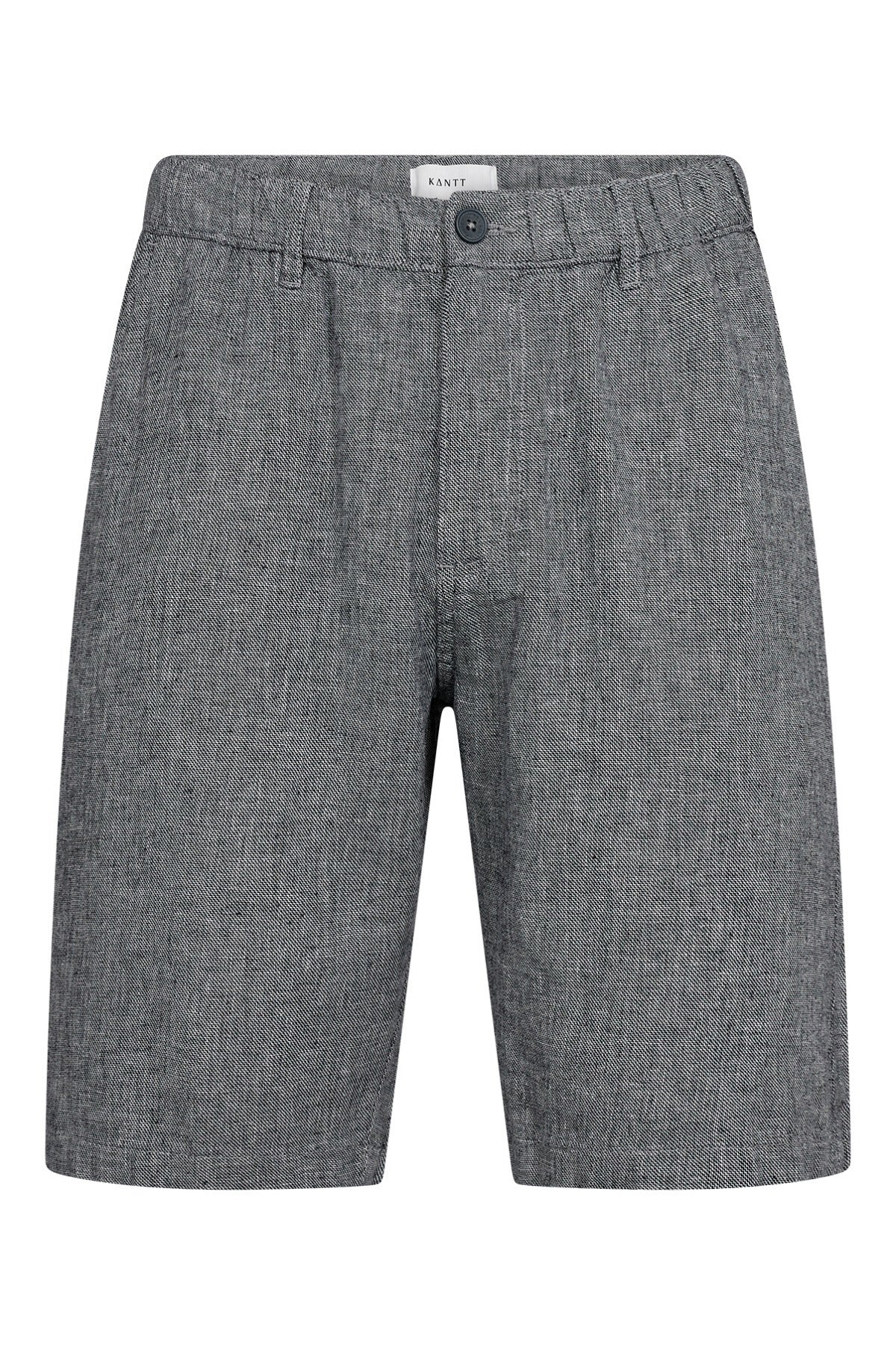 Grå hørshorts med lynlås og knap foran, let struktur og afslappet pasform.