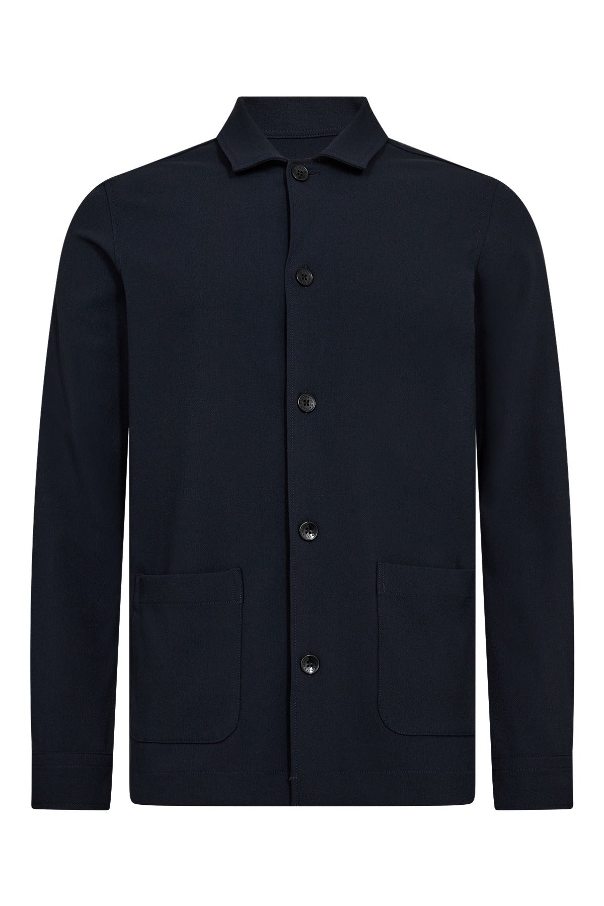 Sort strækbar overshirt med krave og frontlommer, knaplukning på hele forsiden.