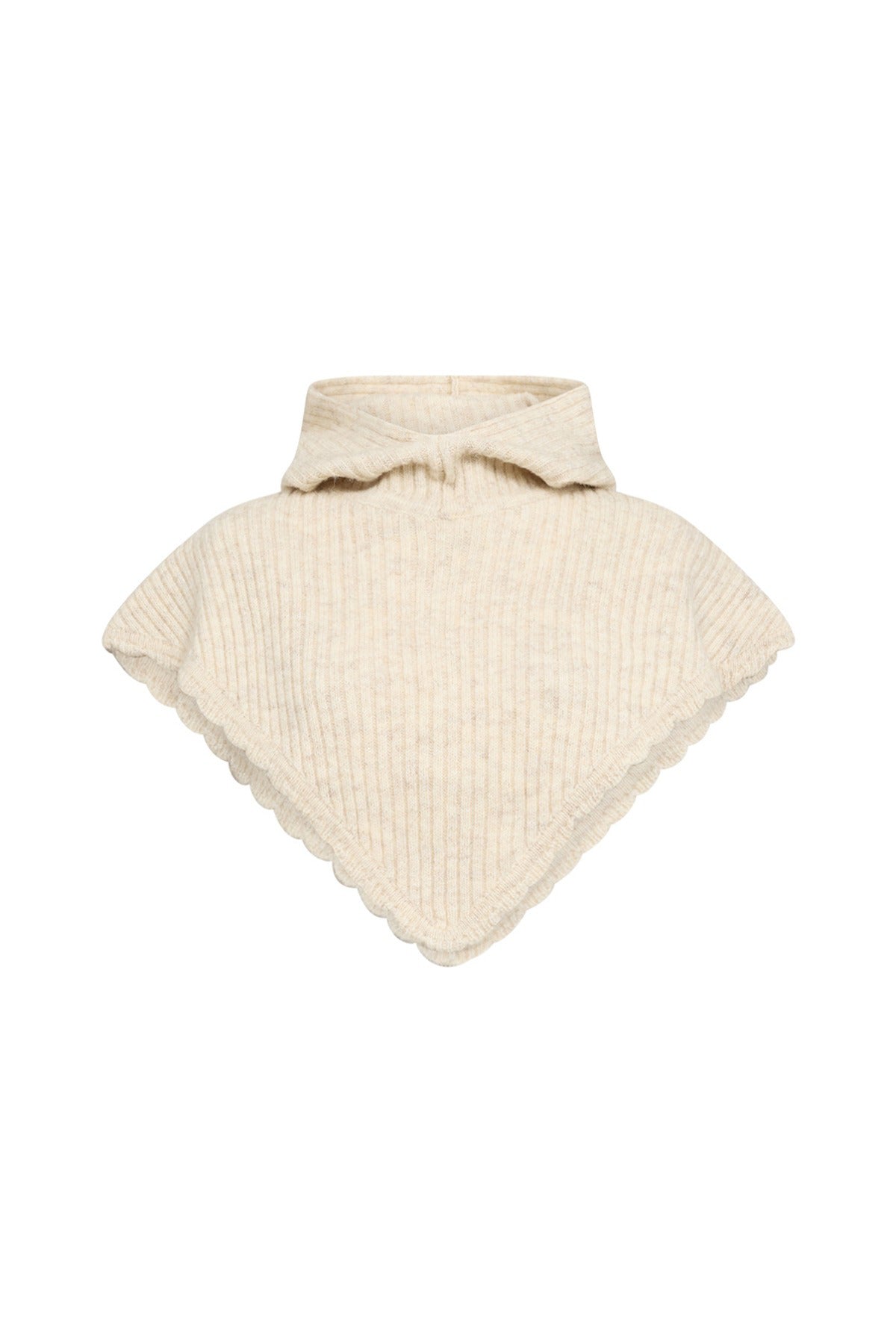 Beige balaclava i uldblanding med ribstrik og trekantet form, der dækker hals og nakke.