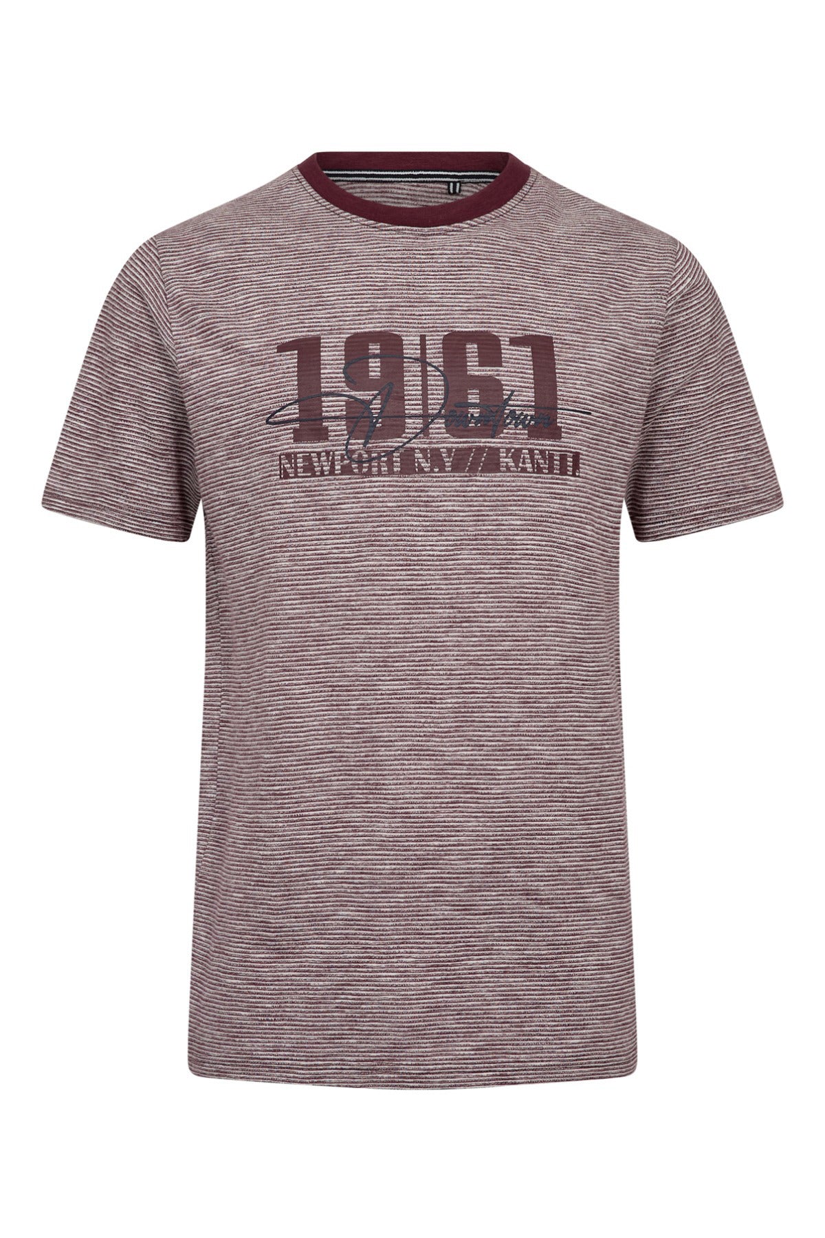 Stribet vinrød T-shirt med mørkerødt rundhalset ærme og stor 1961-print foran.
