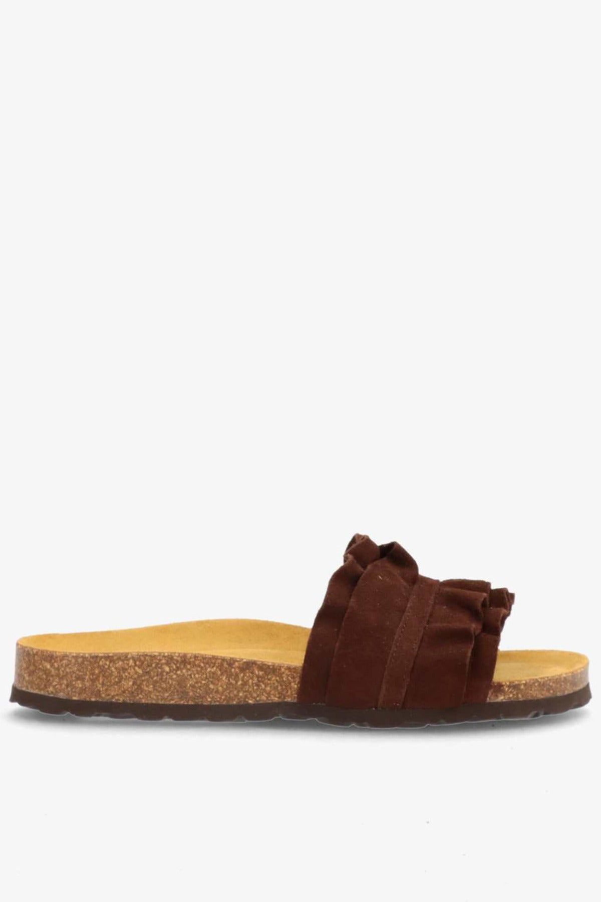 Slip-in sandaler i mørkebrunt ruskind med rynket rem og korksål.