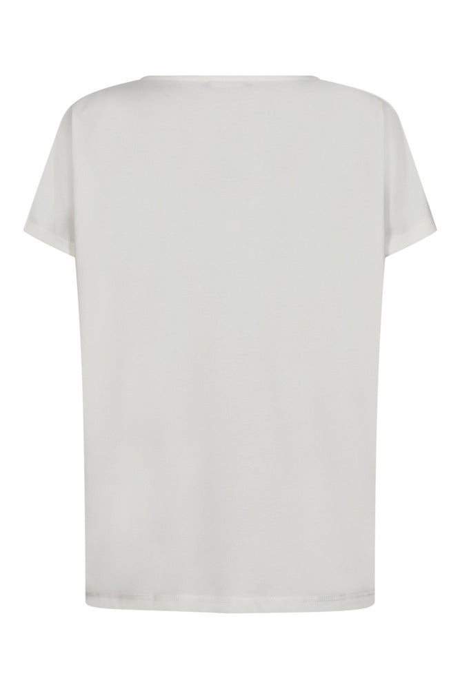 Hvid kortærmet t-shirt med rund hals og løs pasform set bagfra.