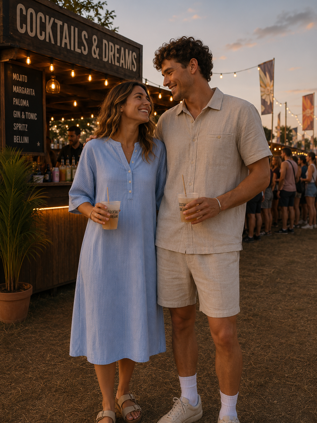Par i sommerlige festivaloutfits med lyseblå midi-kjole og sandfarvet hørskjorte med matchende shorts.