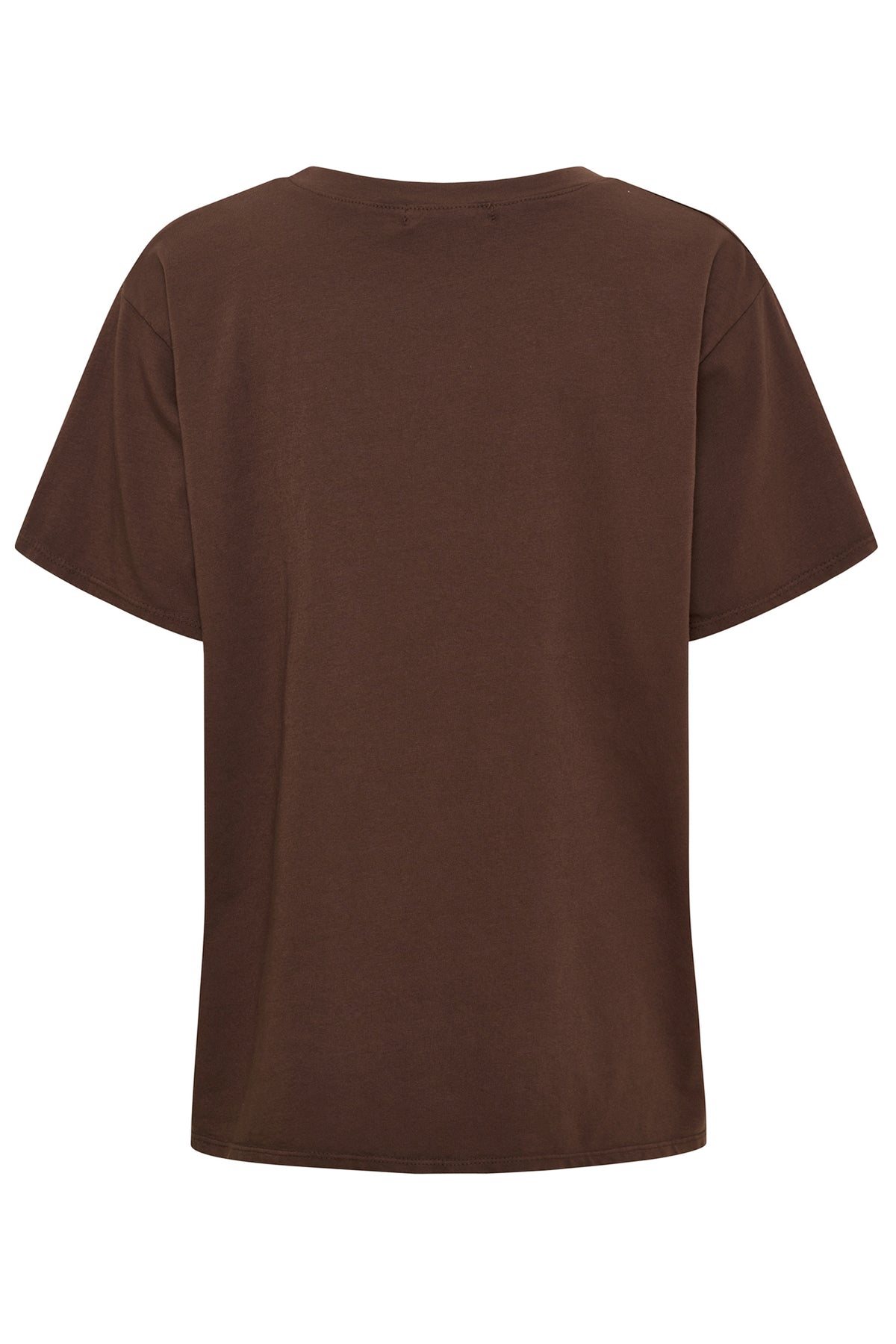 Kortærmet t-shirt i chokoladebrun med rund hals og løs pasform set bagfra.