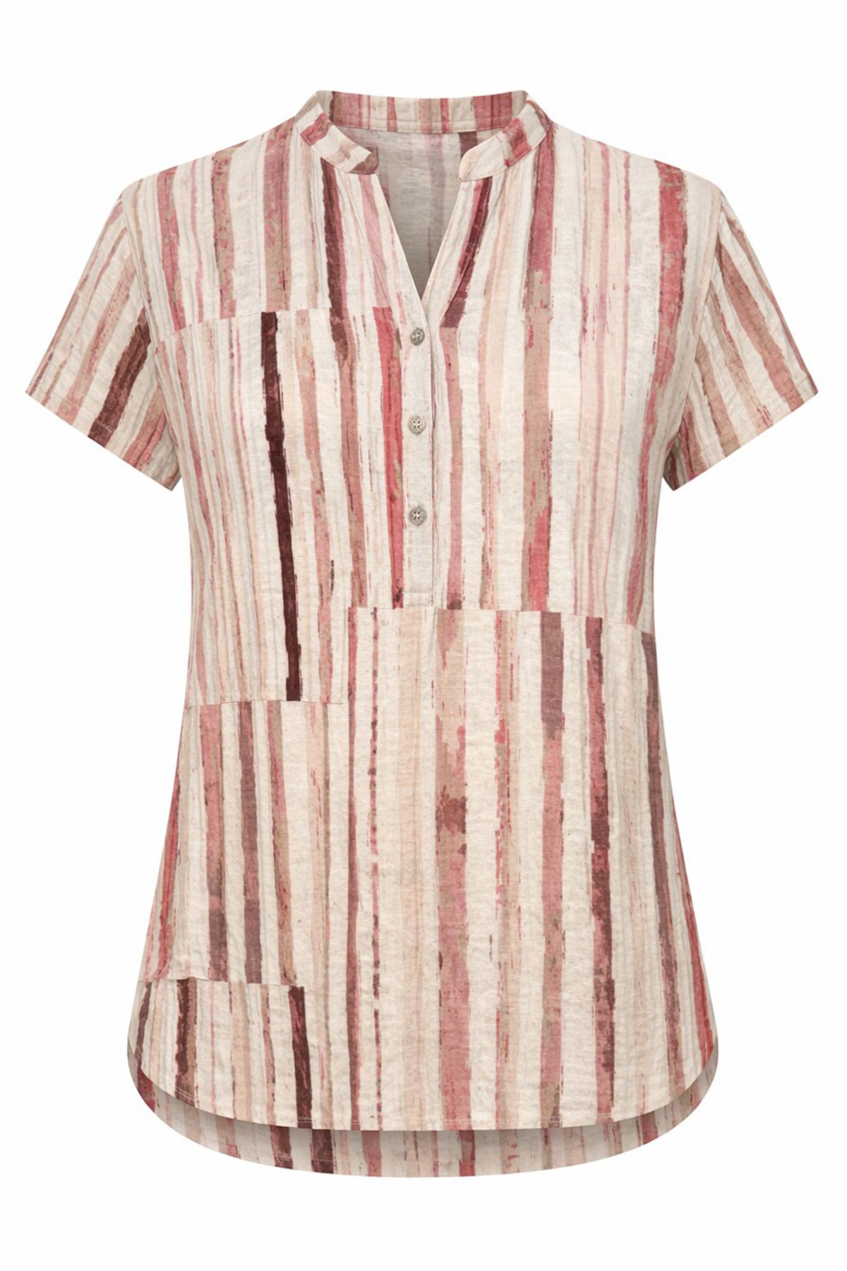 Kortærmet bluse med lodrette rosa og beige striber, knapper og rundet kant.