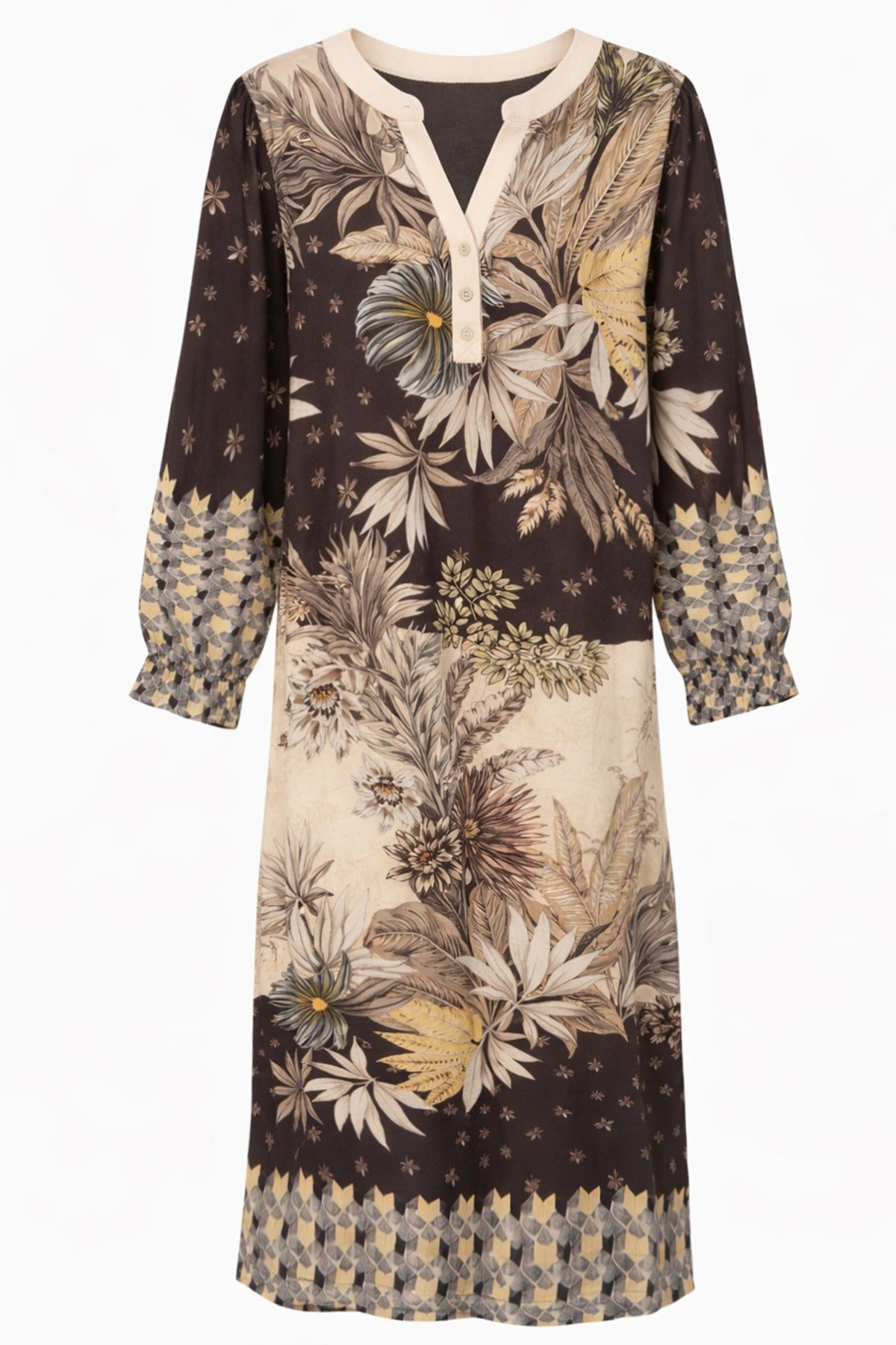 Lang kjole med trekvartærmer i viskose med brune, beige og gule blomsterprint og mønstret kant.