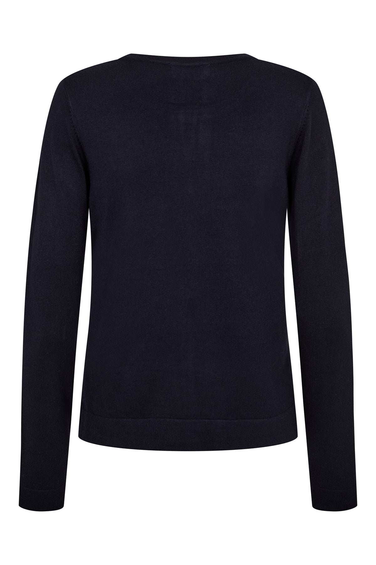 Navy damecardigan med lange ærmer set bagfra 
