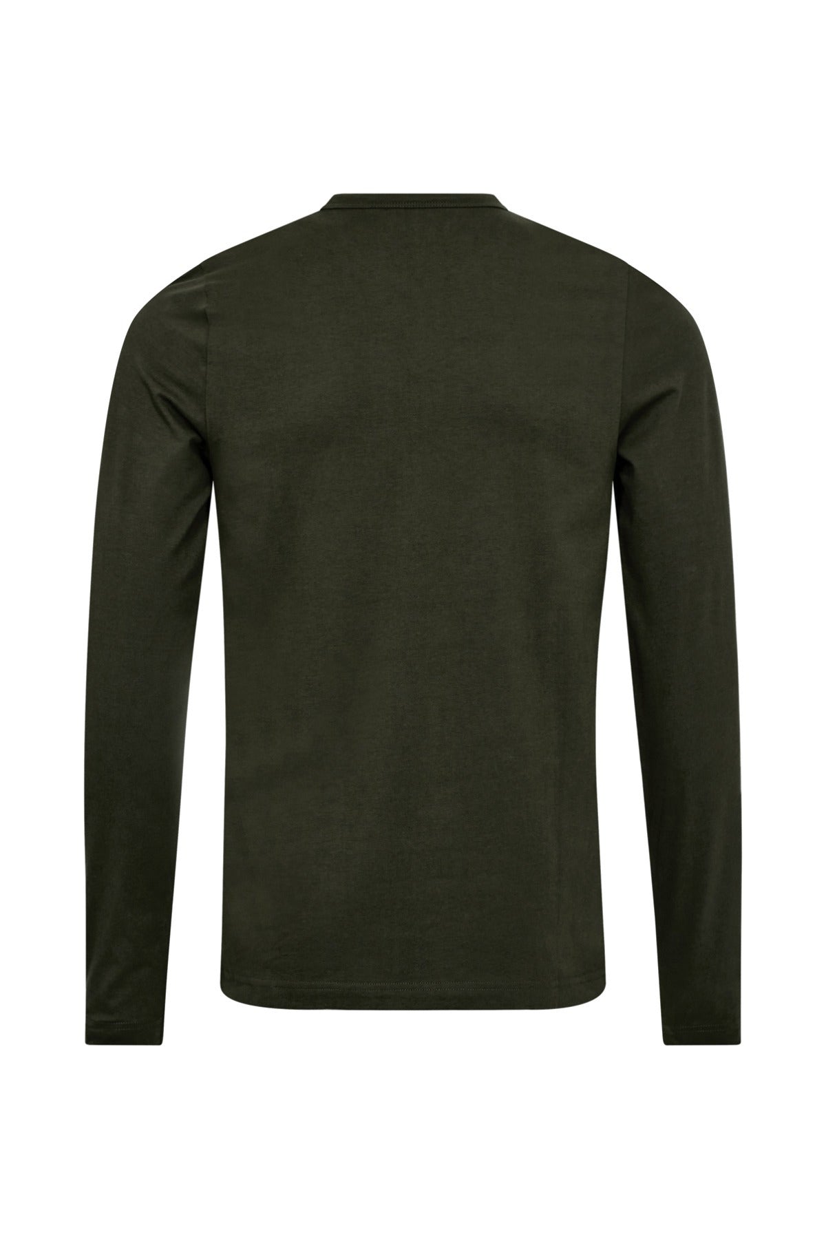 Langærmet bomuldst-shirt i skovgrøn med rund hals og enkelt design set bagfra.