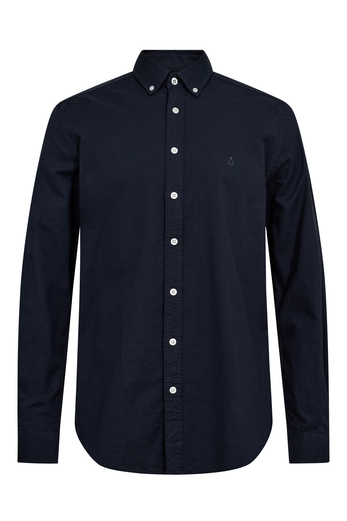 Mørkeblå klassisk langærmet oxford skjorte med knaplukning og button-down krave.