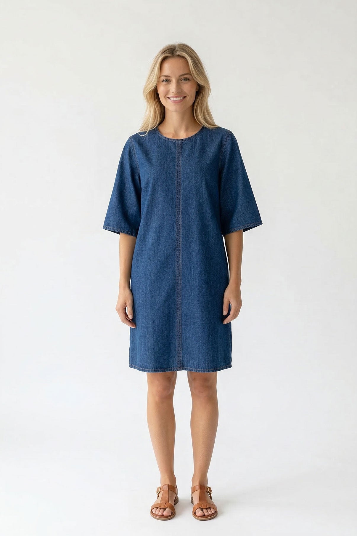 Adda - Denim kjole med trekvartærmer og lommer