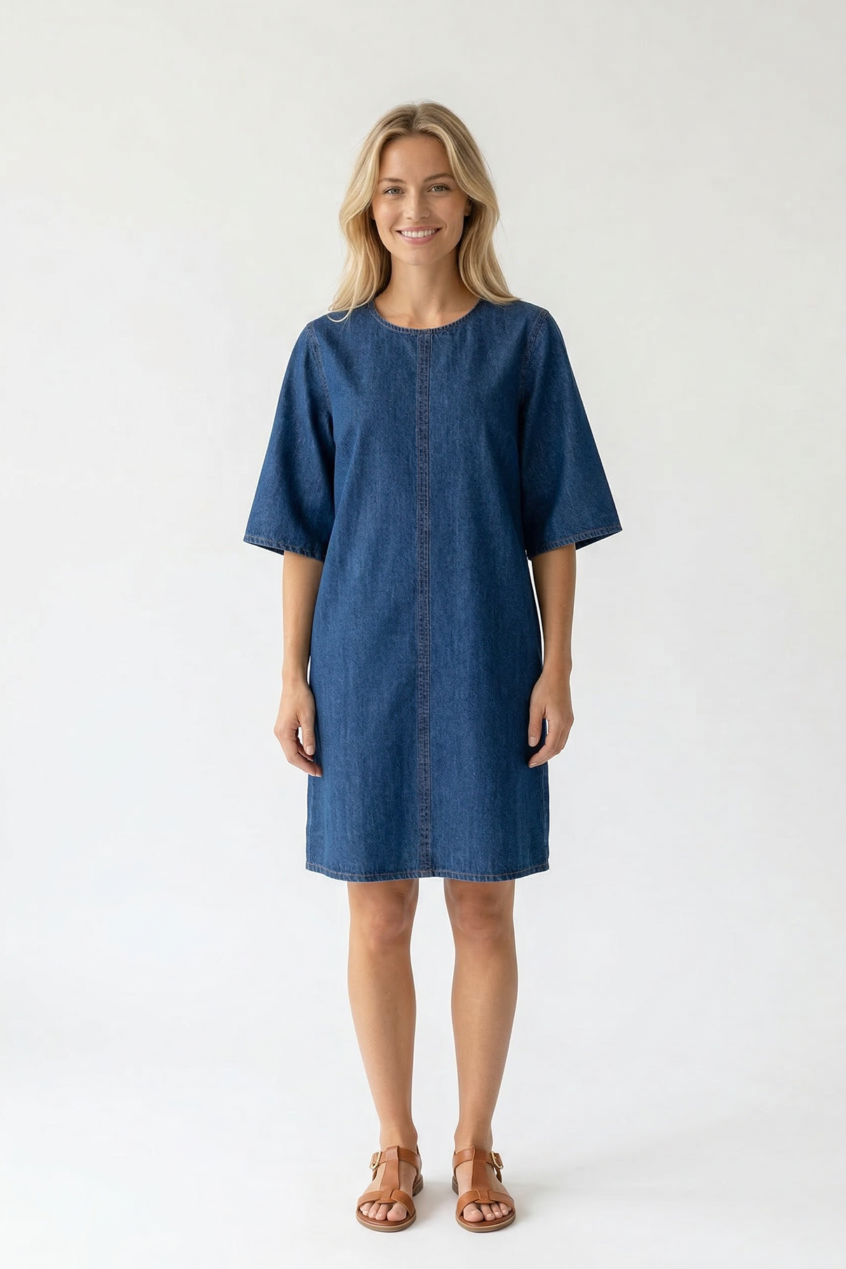 Adda - Denim kjole med trekvartærmer og lommer