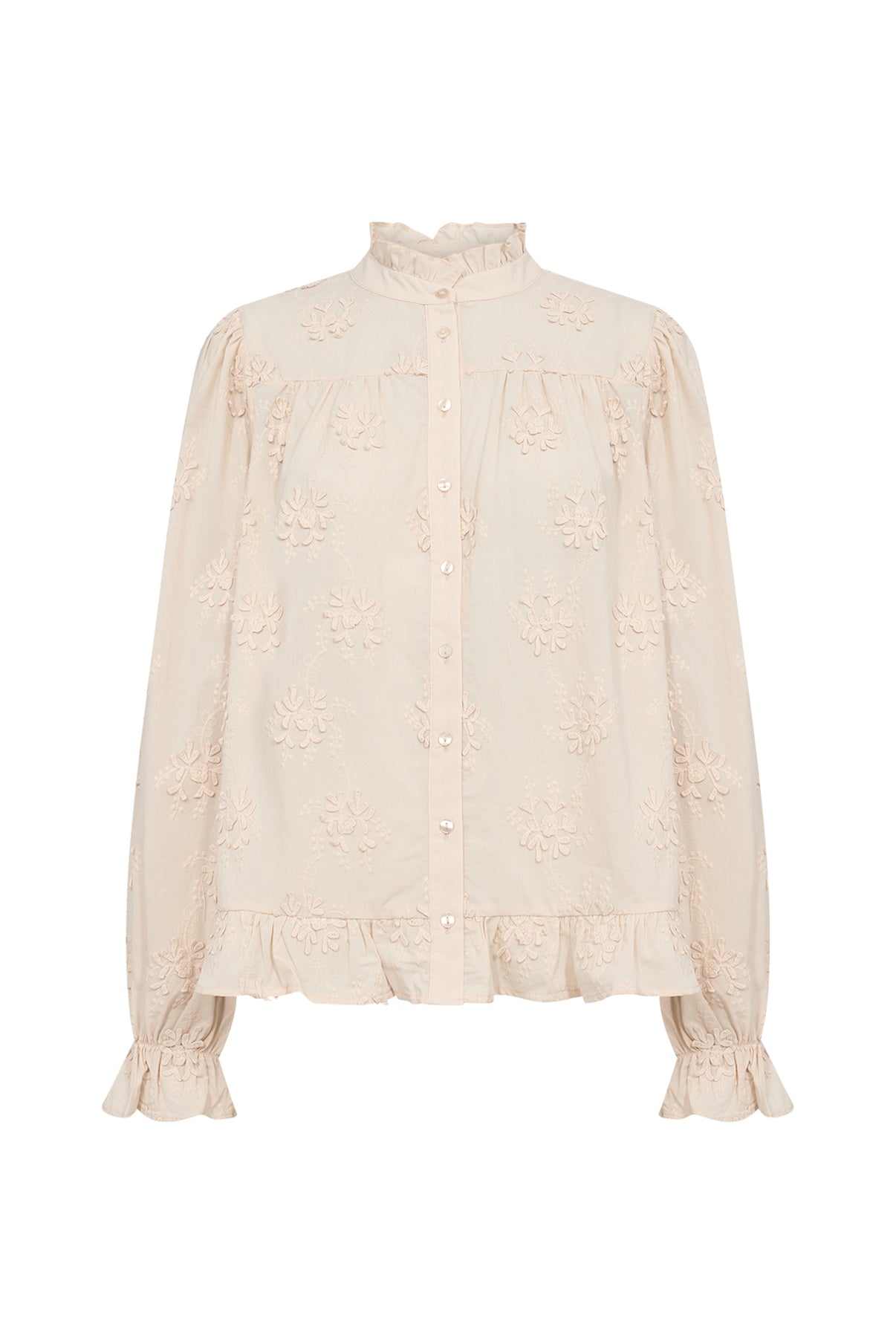 Bree - Skjorte med blomsterbroderi og flæsekant