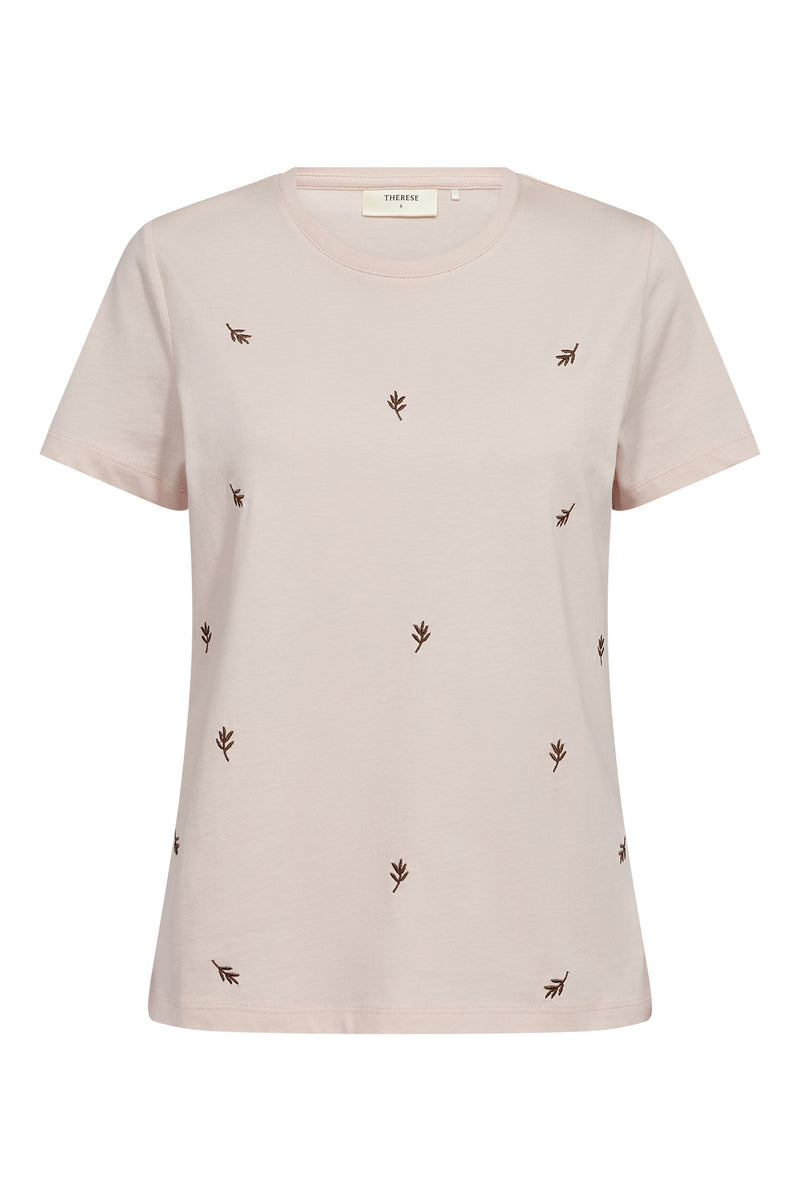 Lyserød bomulds t-shirt med små broderede blomsterdetaljer, rund hals og kort ærme.