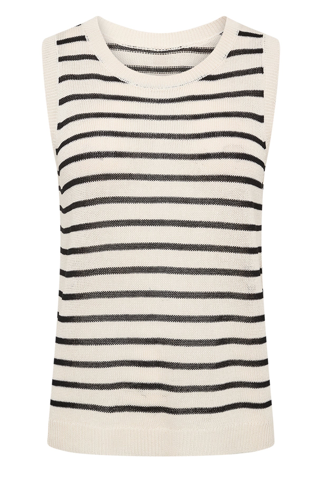 Let strikket vest i offwhite med sorte vandrette striber og rund hals.
