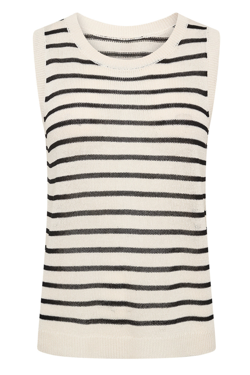 Let strikket vest i offwhite med sorte vandrette striber og rund hals.