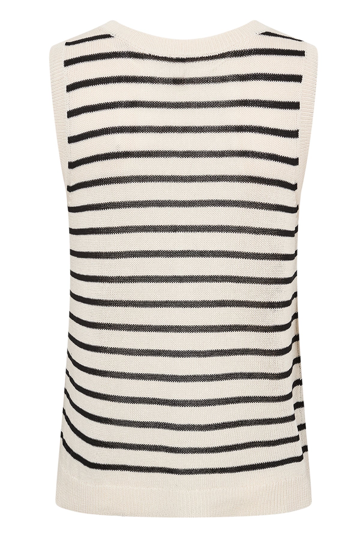 Let strikket vest i cremehvid med sorte vandrette striber og rund hals.