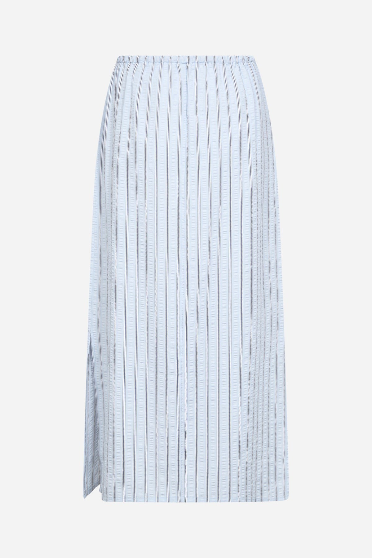 Lang hvid nederdel med blå striber og bindebånd i taljen, løstsiddende design.