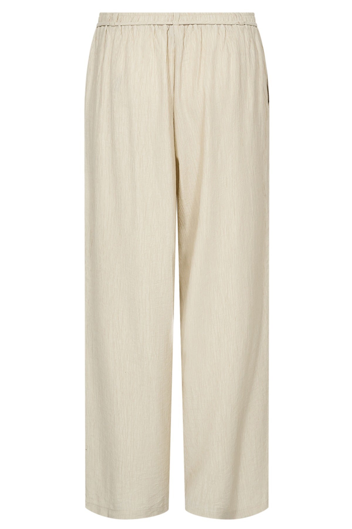 Lette beige bukser med vide ben og bindebånd i taljen lavet af blødt stof.